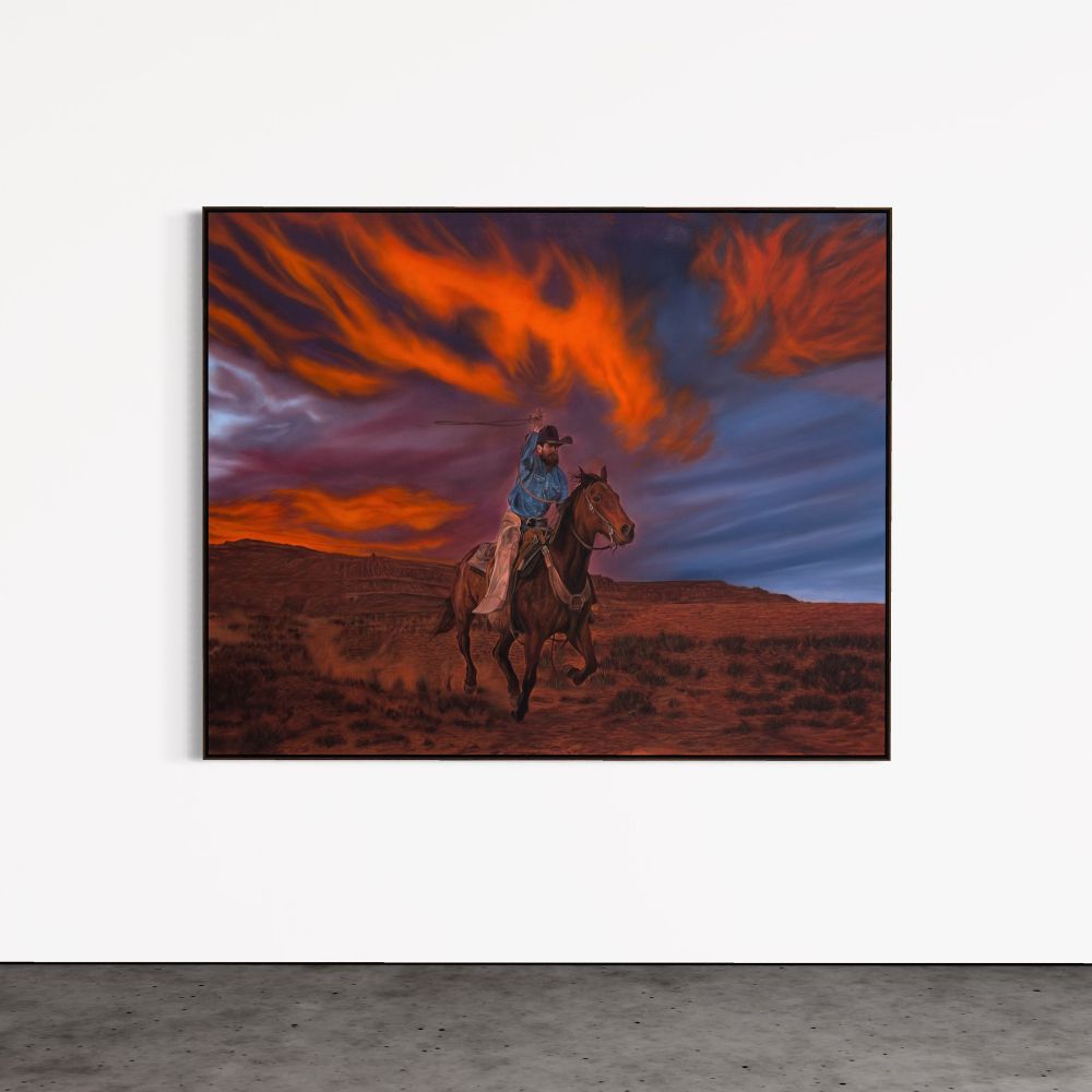 Painting of a person riding a horse against a dramatic sky with orange and blue hues.