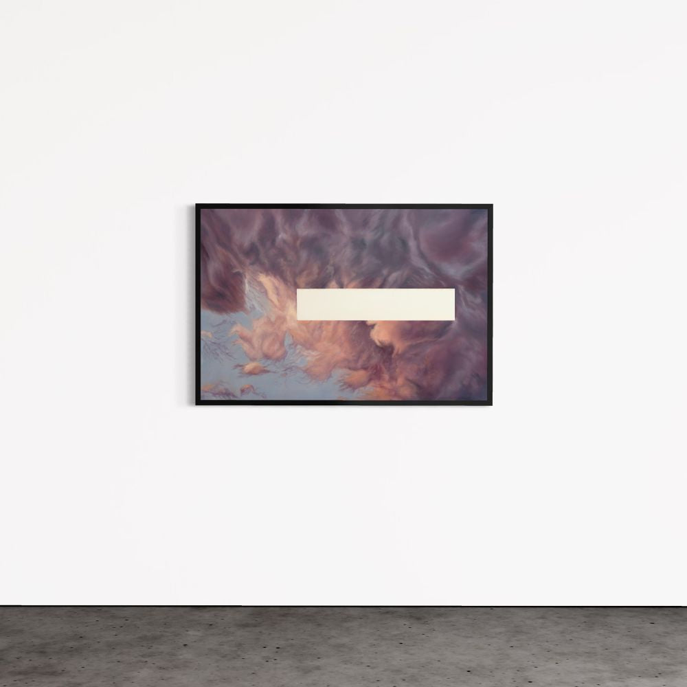 Framed abstract artwork with a rectangular light fixture on a white wall.