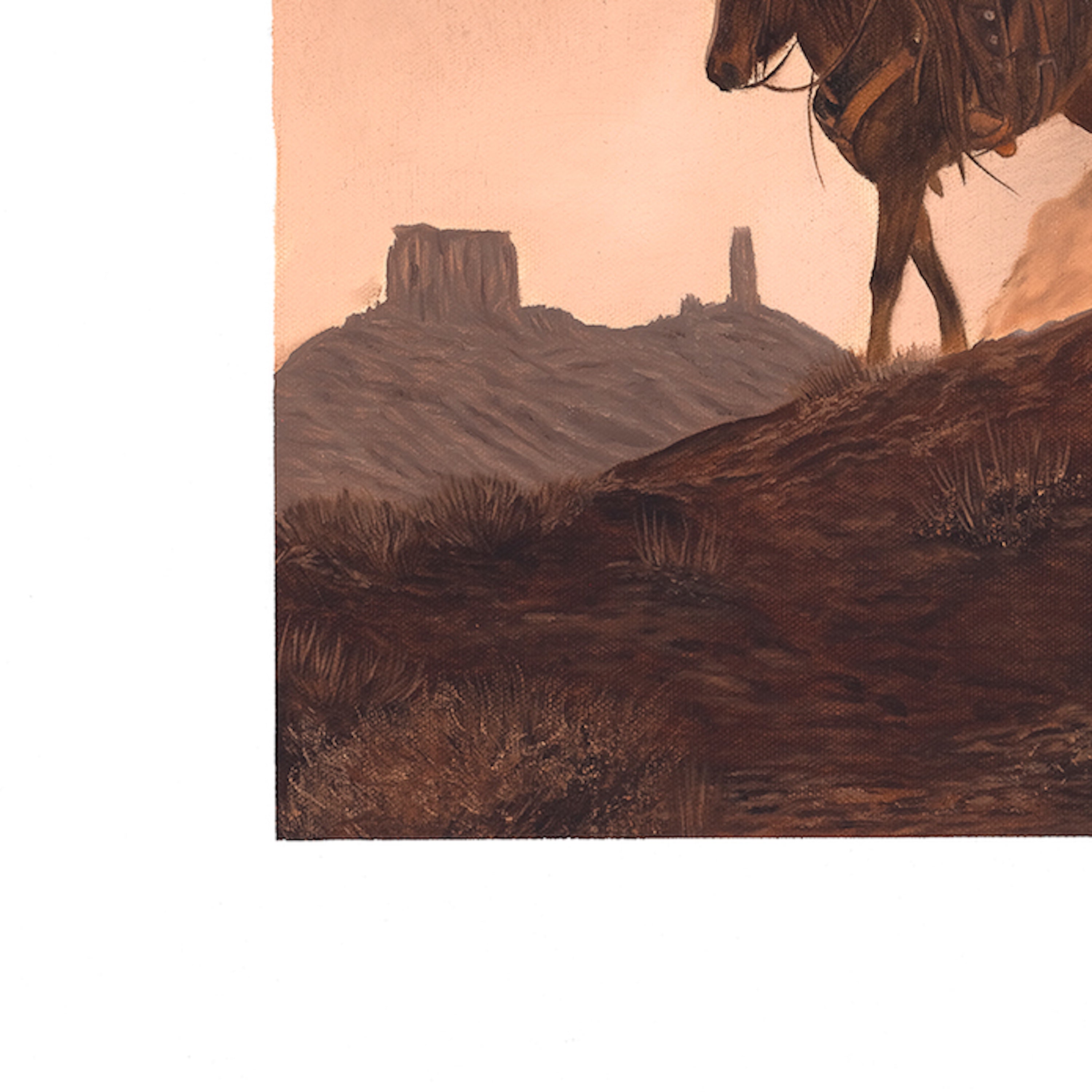 Artistic depiction of a horse in a desert landscape with rock formations.
