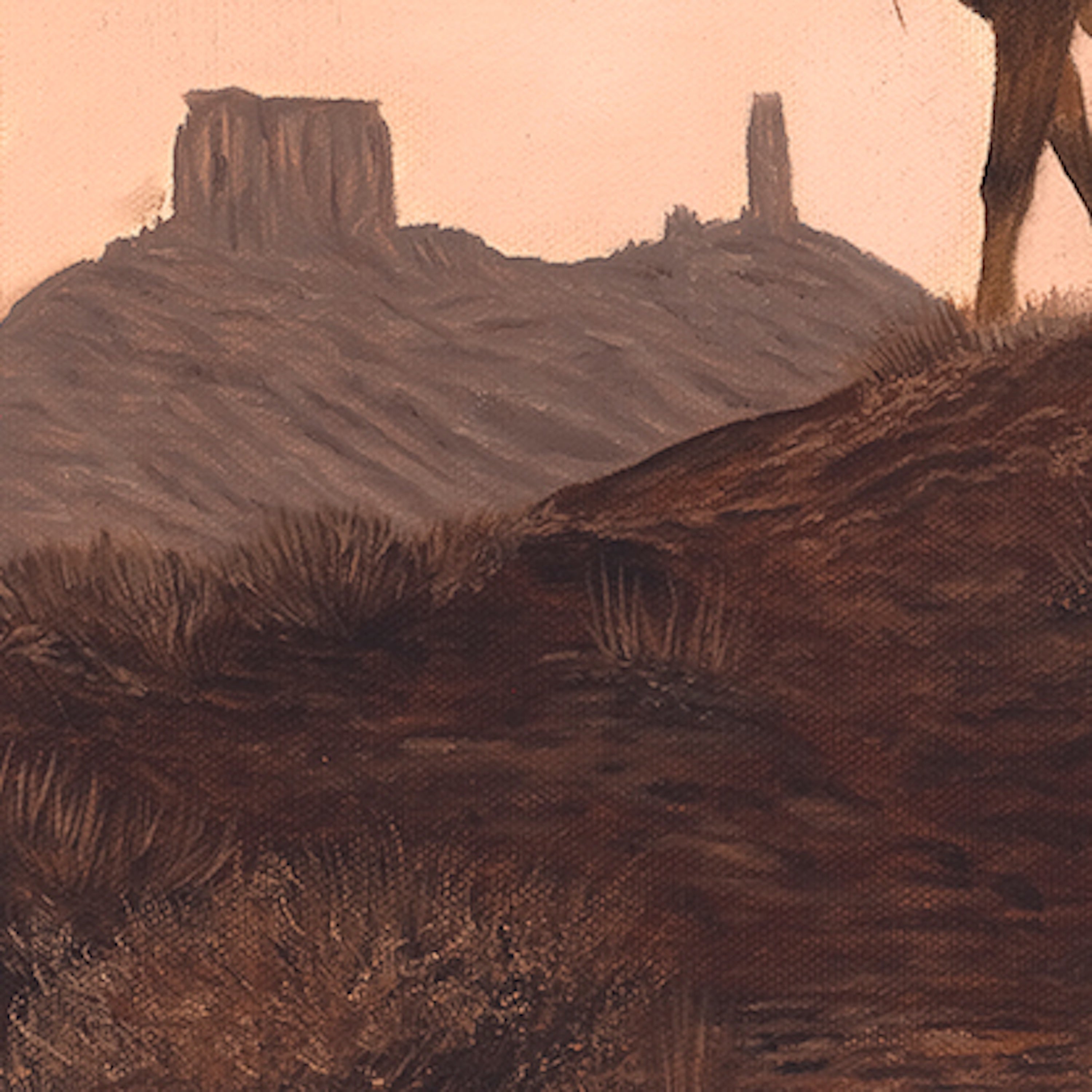 Desert landscape with ruins and a camel, evoking a sense of history and solitude.