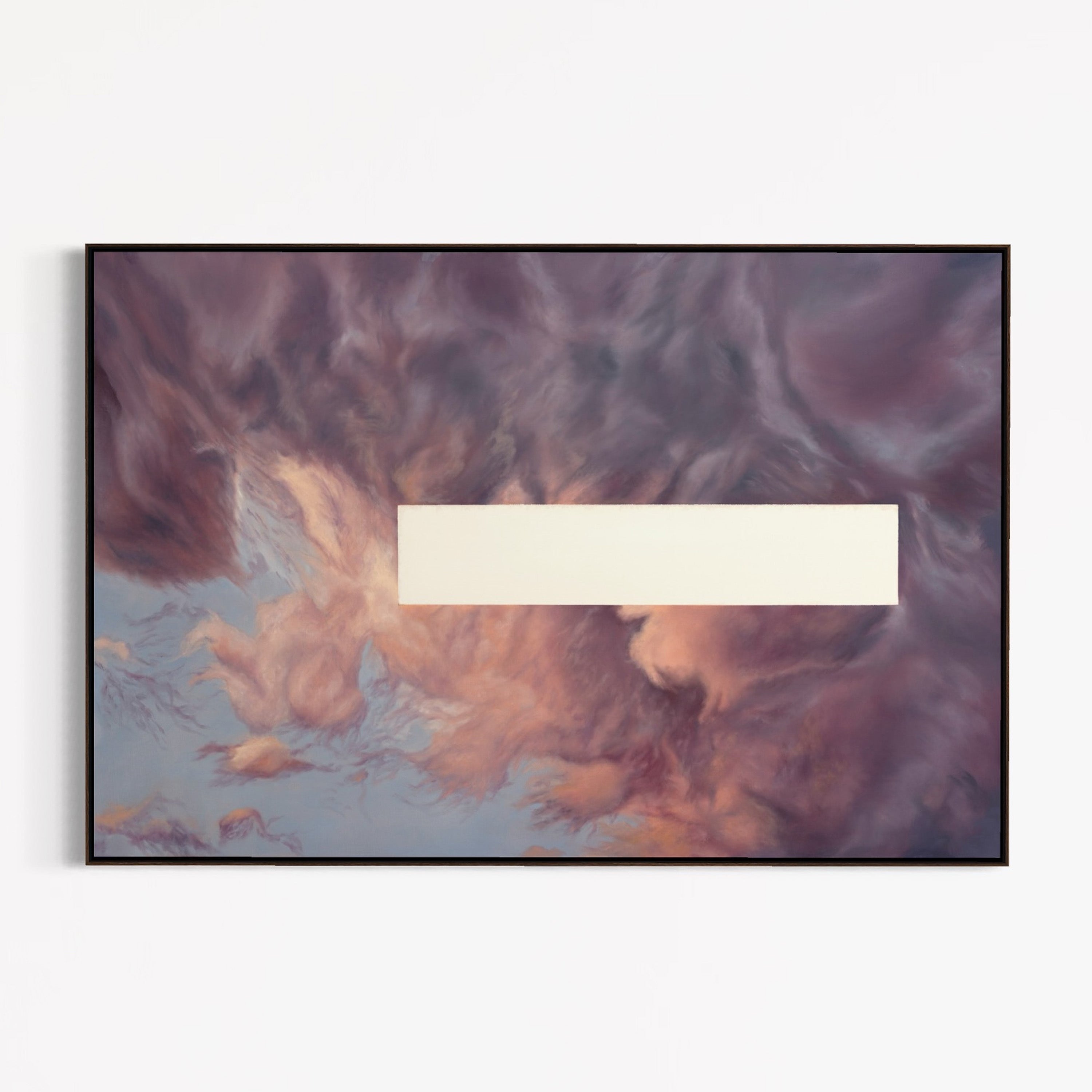 Framed artwork of abstract cloud-like patterns with a white rectangular area in the center.