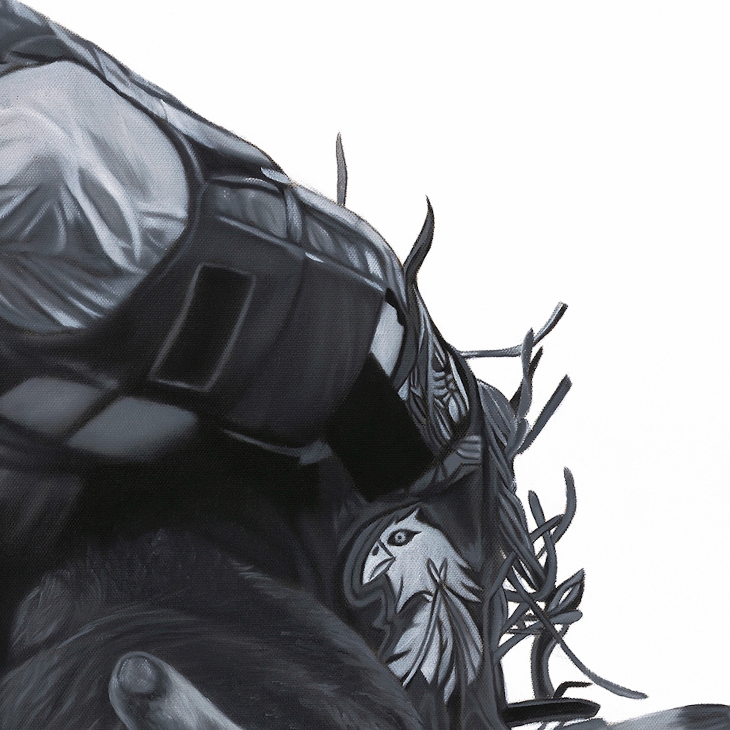 Close-up of a character with armor and a helmet, featuring intricate designs on a white background.