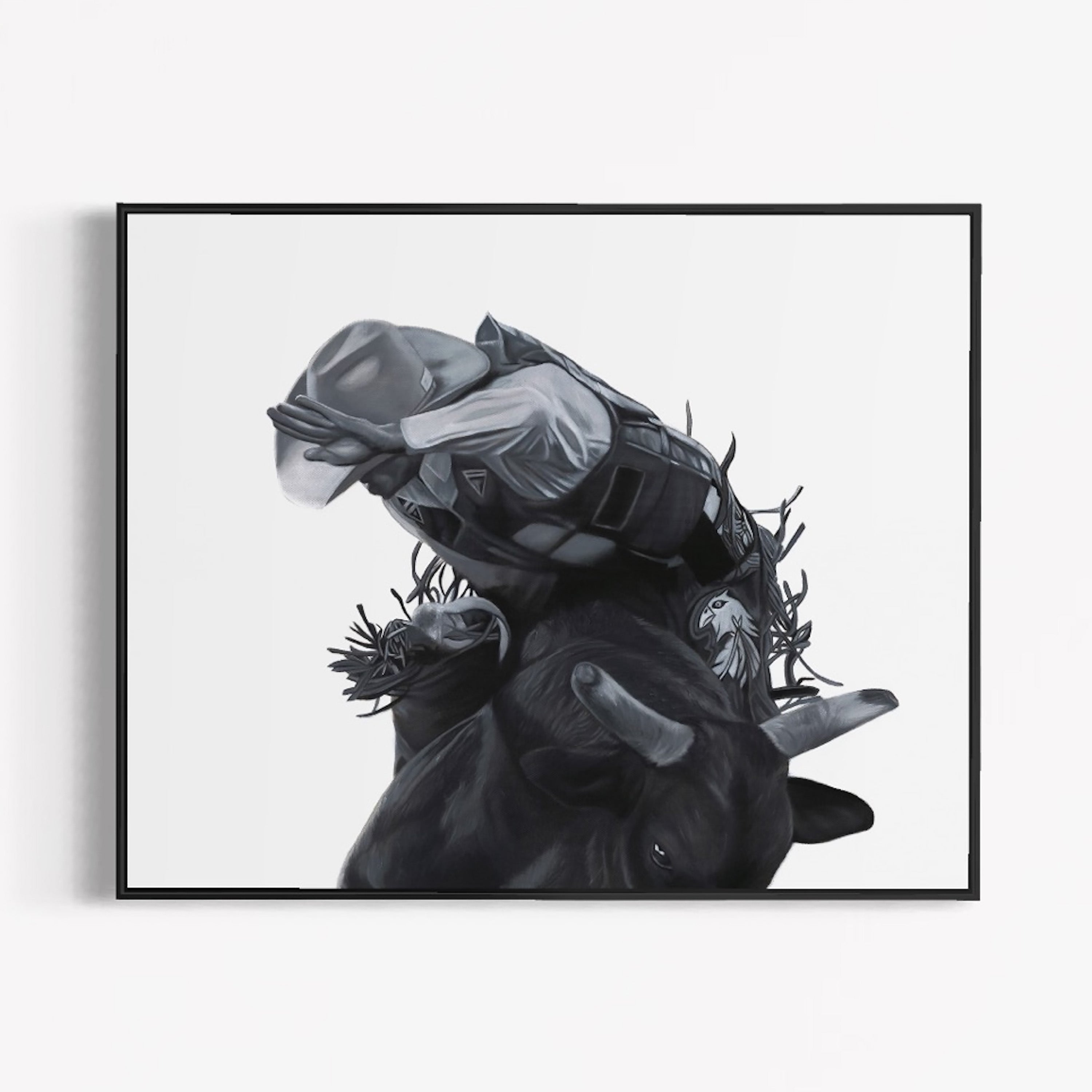 Framed black and white artwork of a hand with a glove and a flower on a white background