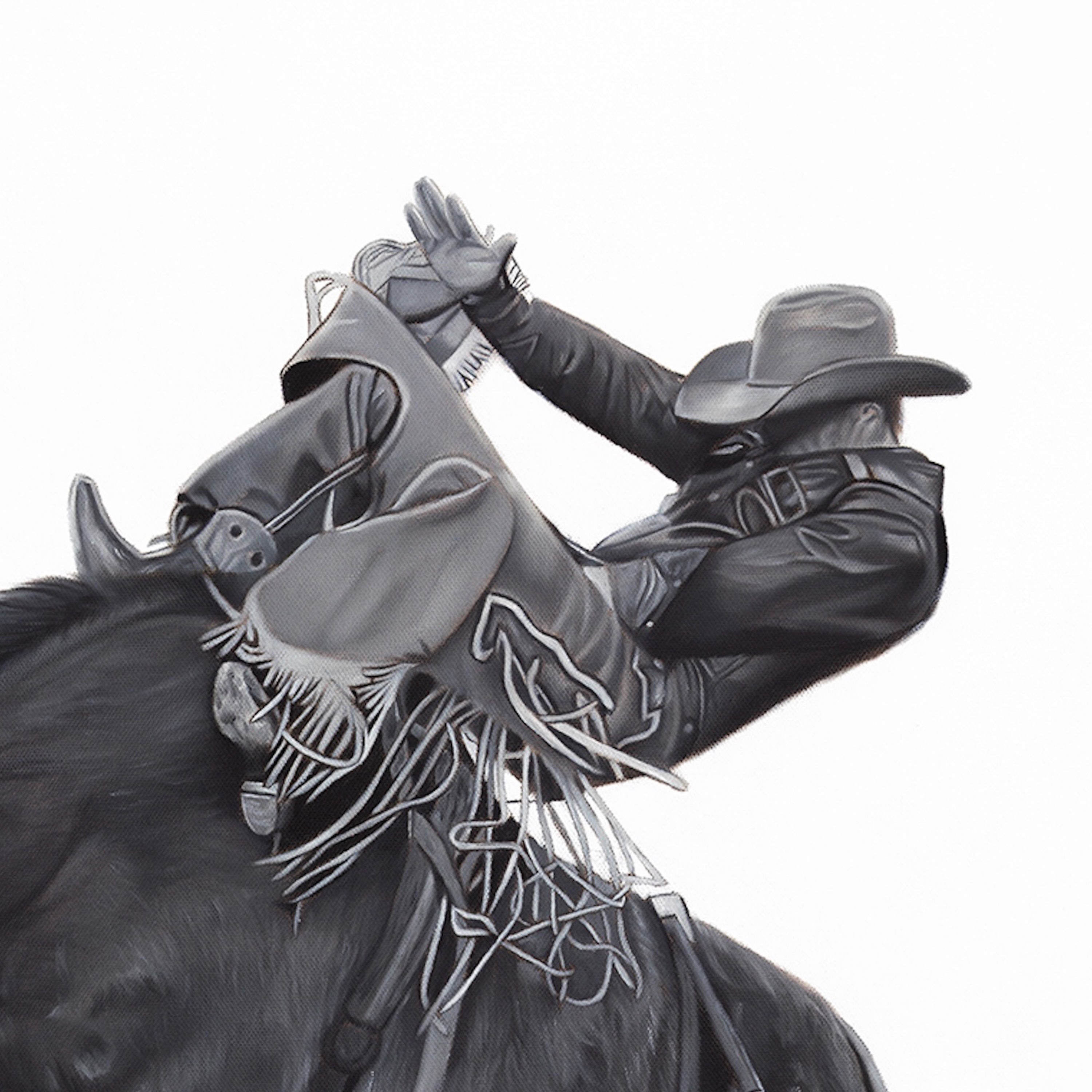 Close-up of a horse with a detailed bridle and rider's gloved hand on a white background
