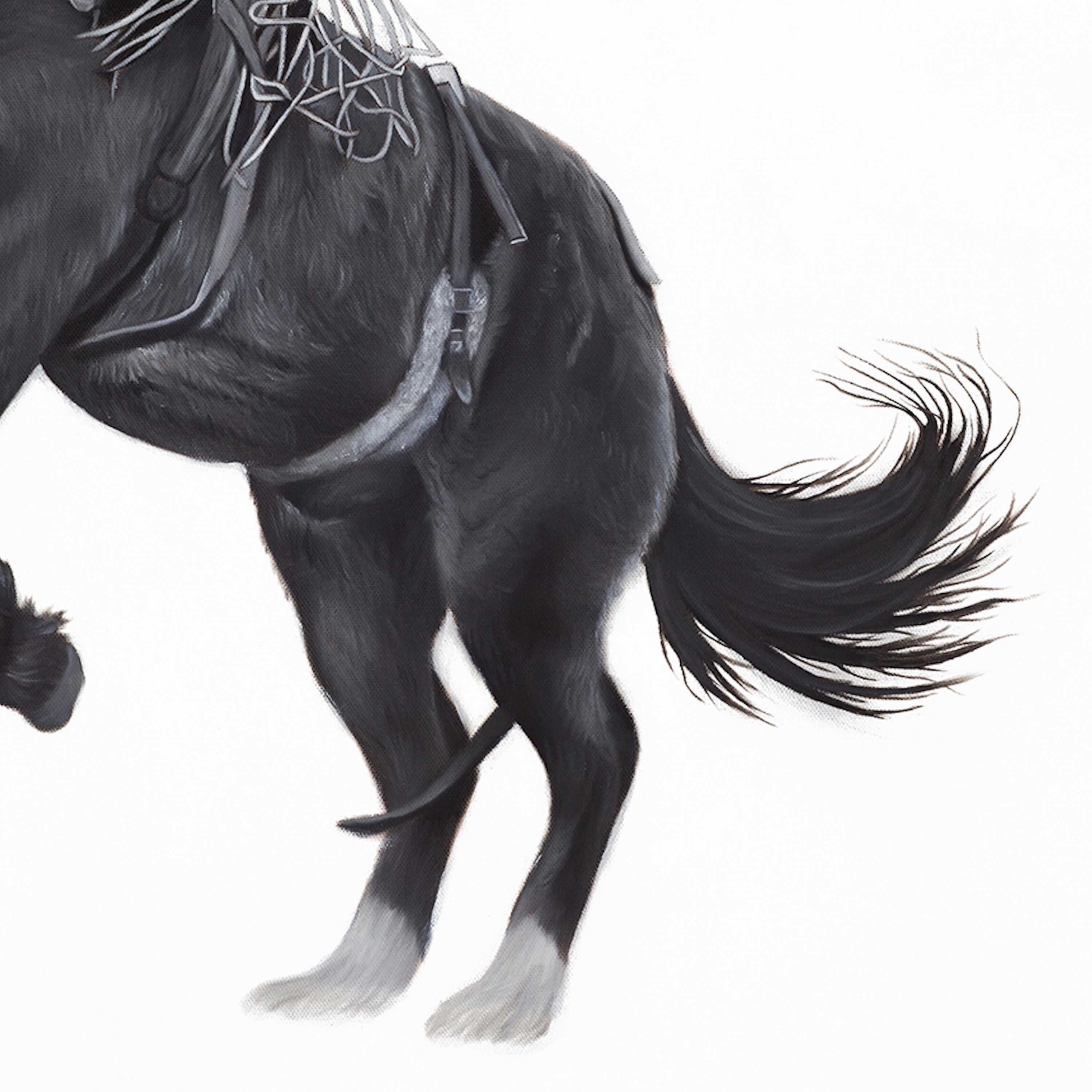 Artistic depiction of a horse with detailed bridle and mane on a white background