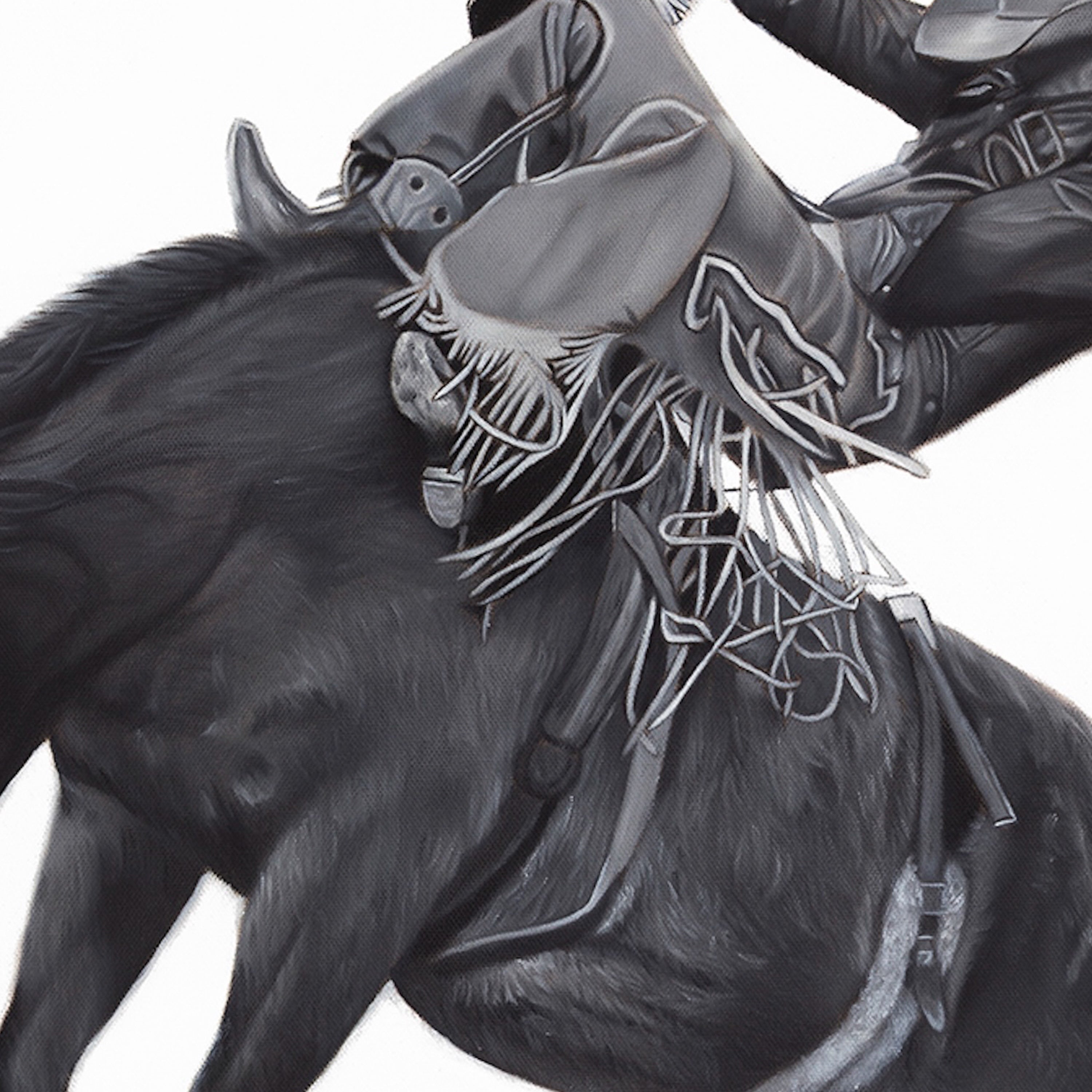 Black and white illustration of a horse with a detailed saddle and bridle.