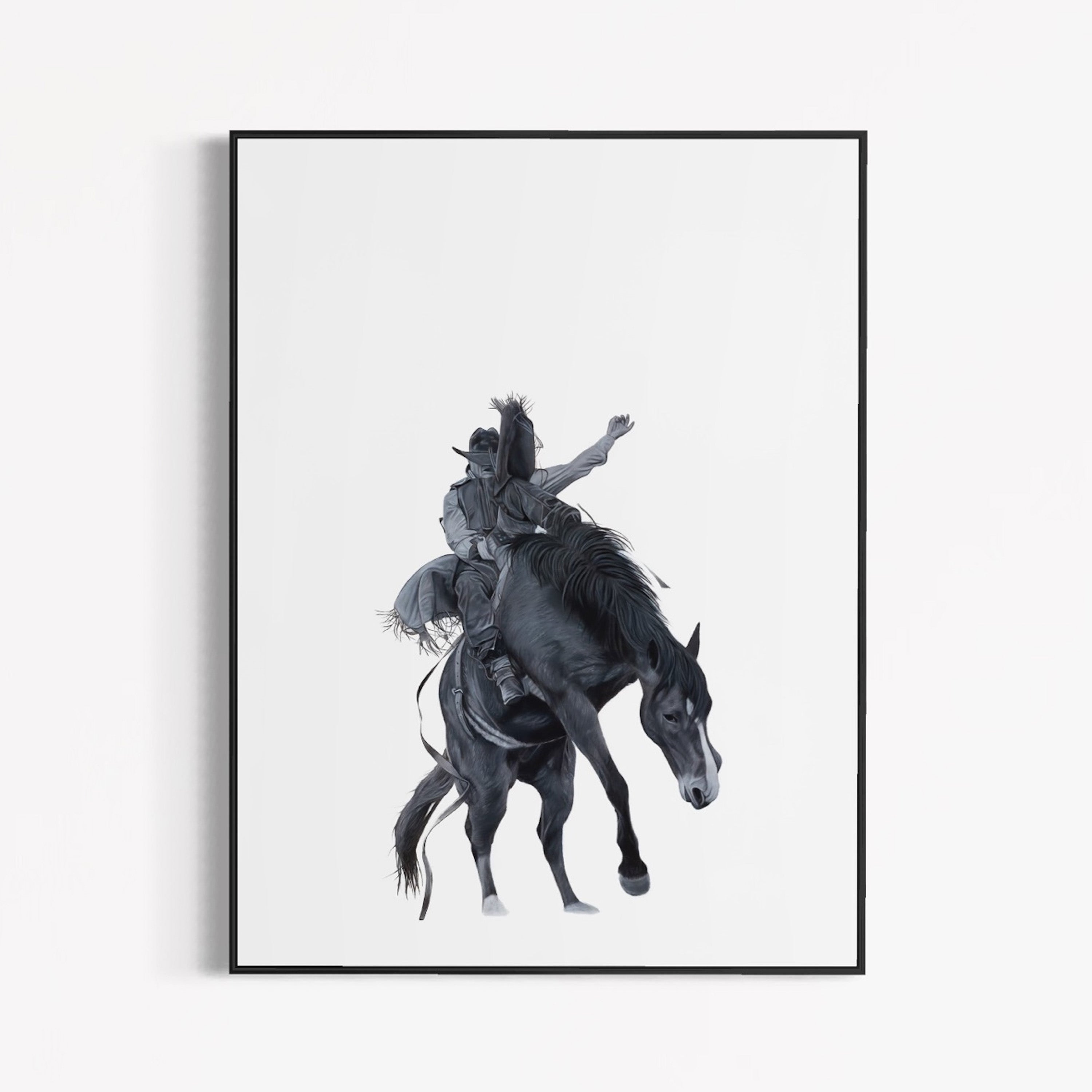 Framed artwork of a person riding a horse on a white background
