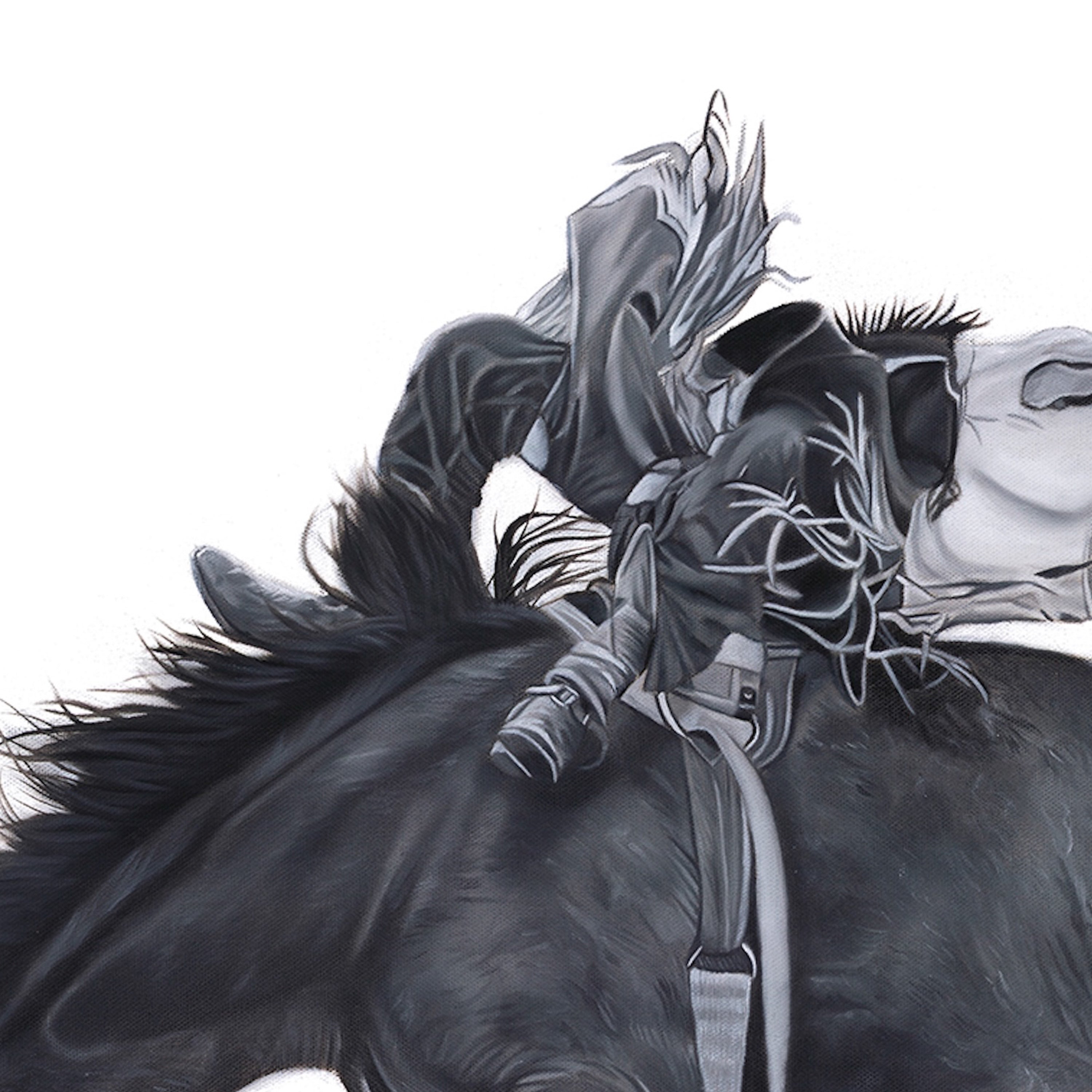 Black and white illustration of a character on horseback with detailed armor and helmet.
