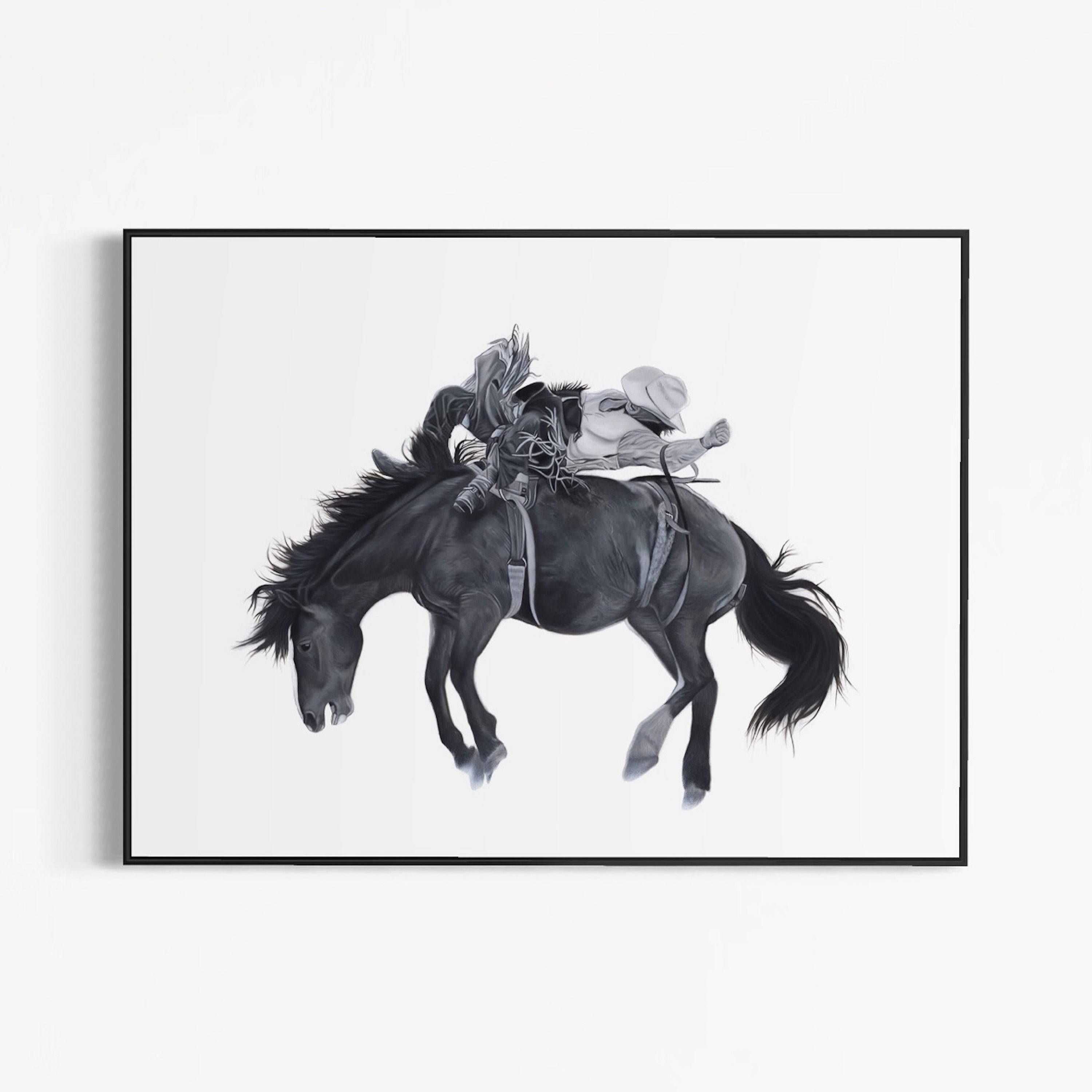 Framed artwork of a horse with floral elements on a white background