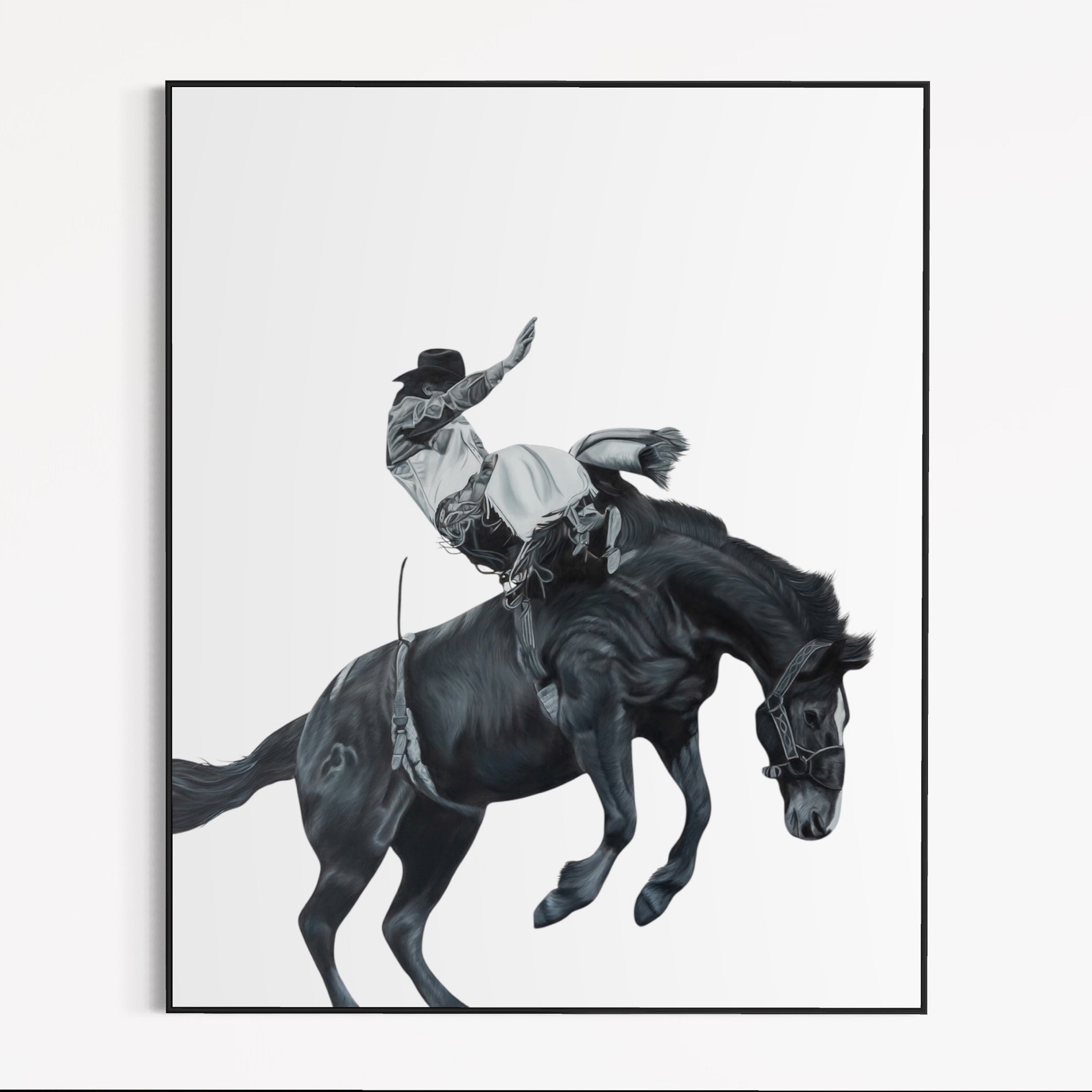Black and white painting of a horse and rider in action