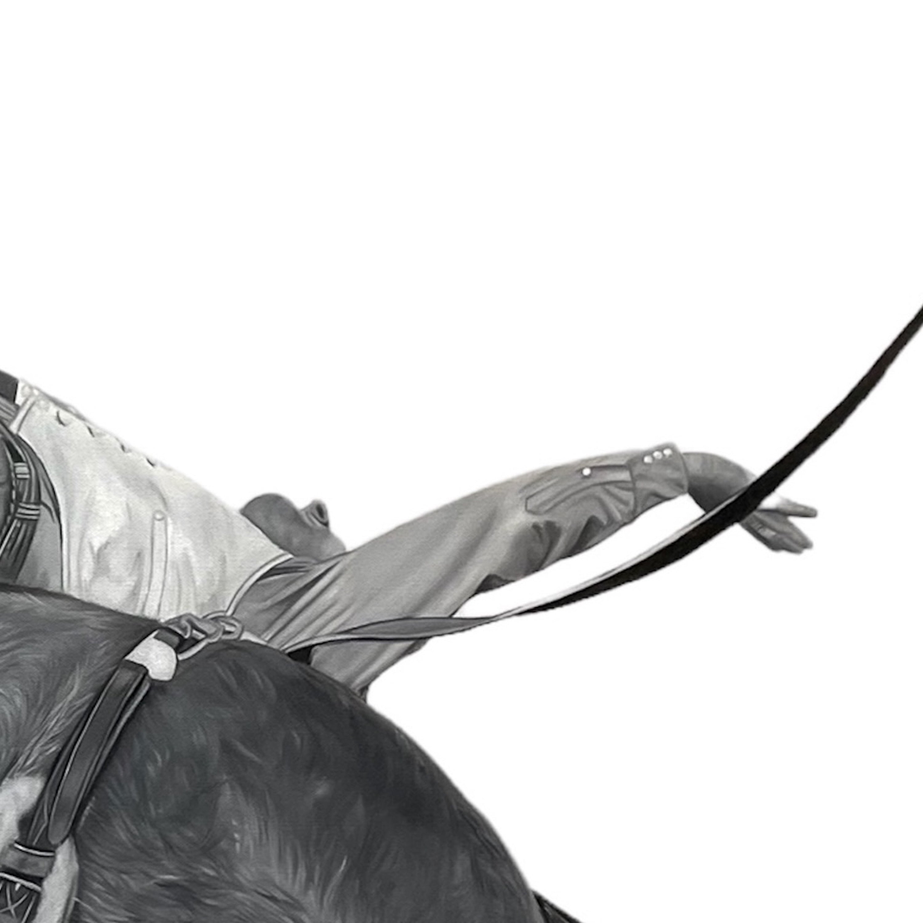 Gray horse with a rider holding a bow and arrow on a white background