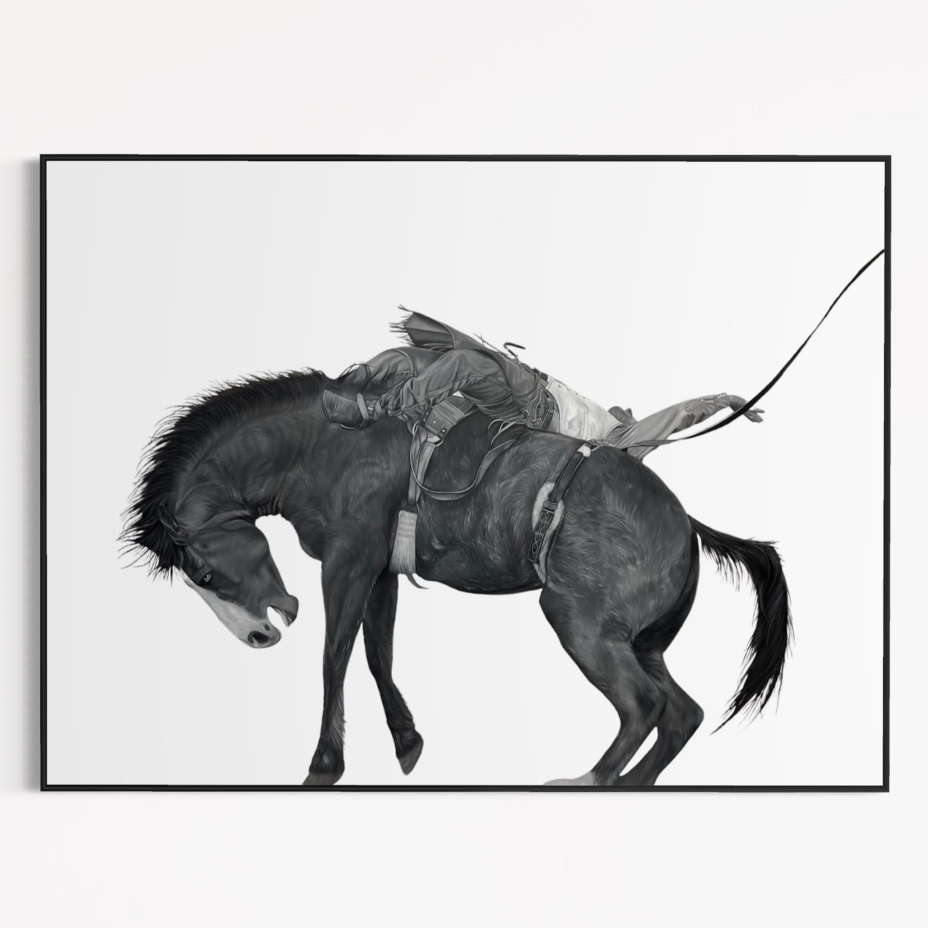 Black and white illustration of a horse rearing with a rider on a white background