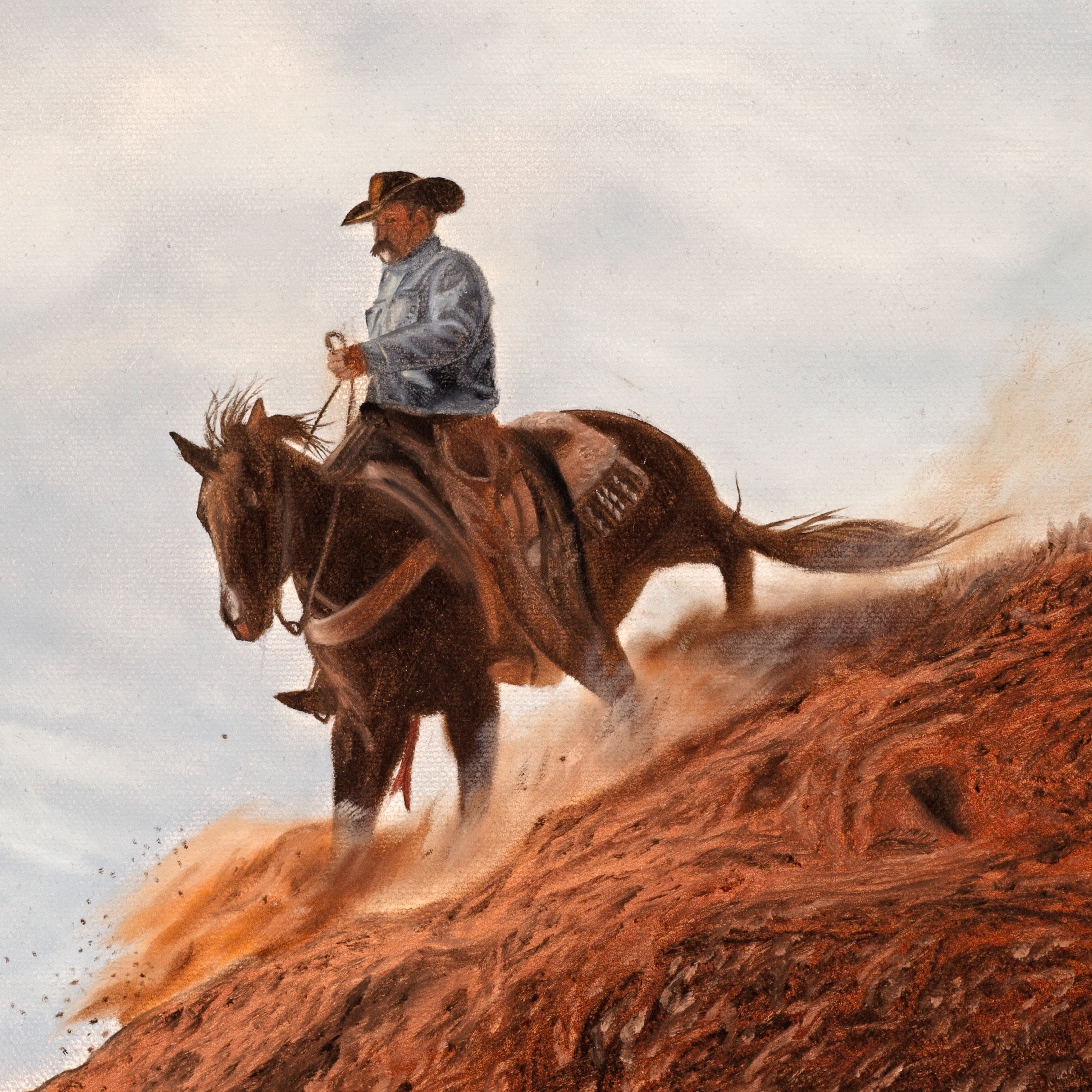 Cowboy riding a horse on a dirt path with a cloudy sky in the background