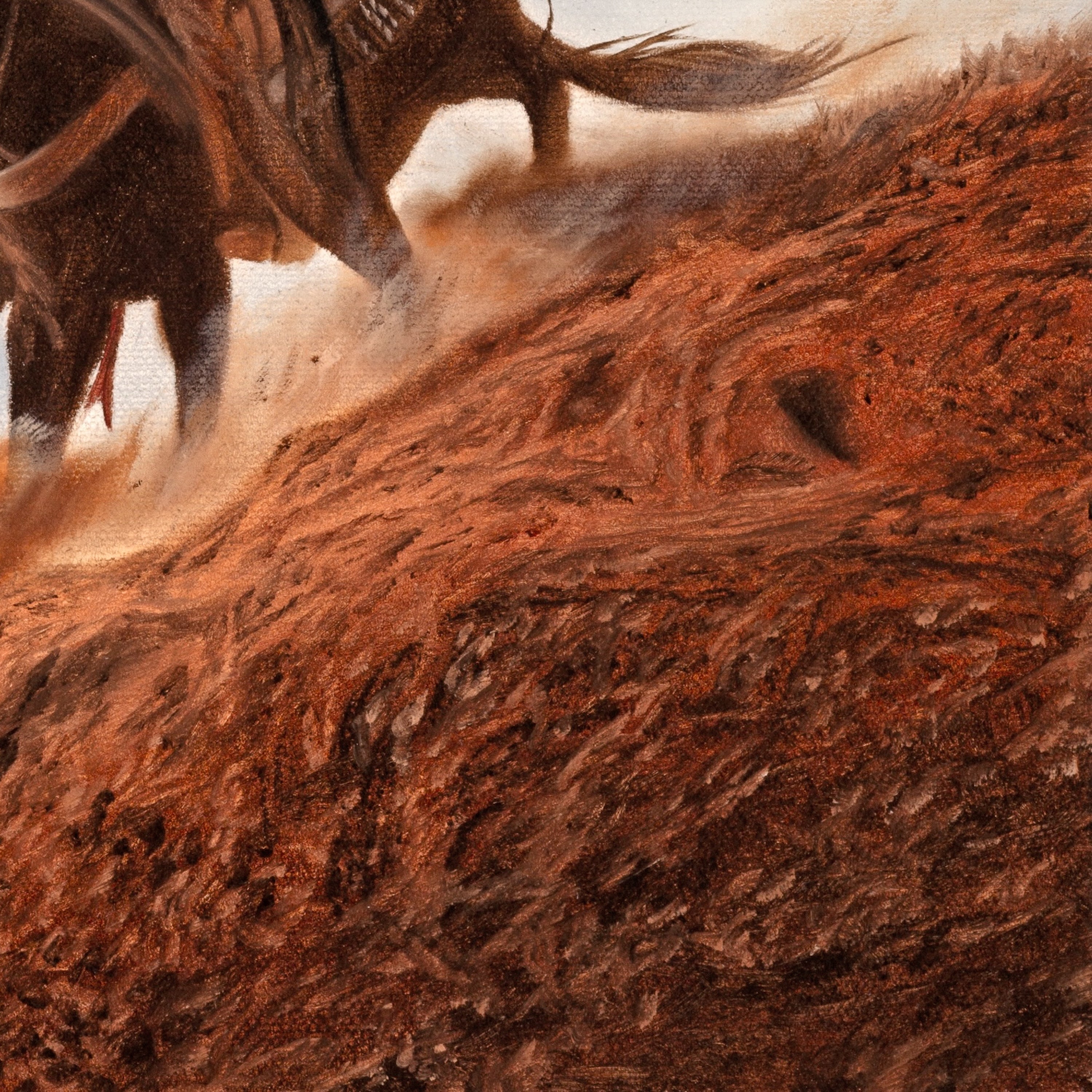 Horses running on a dirt path with a warm color palette