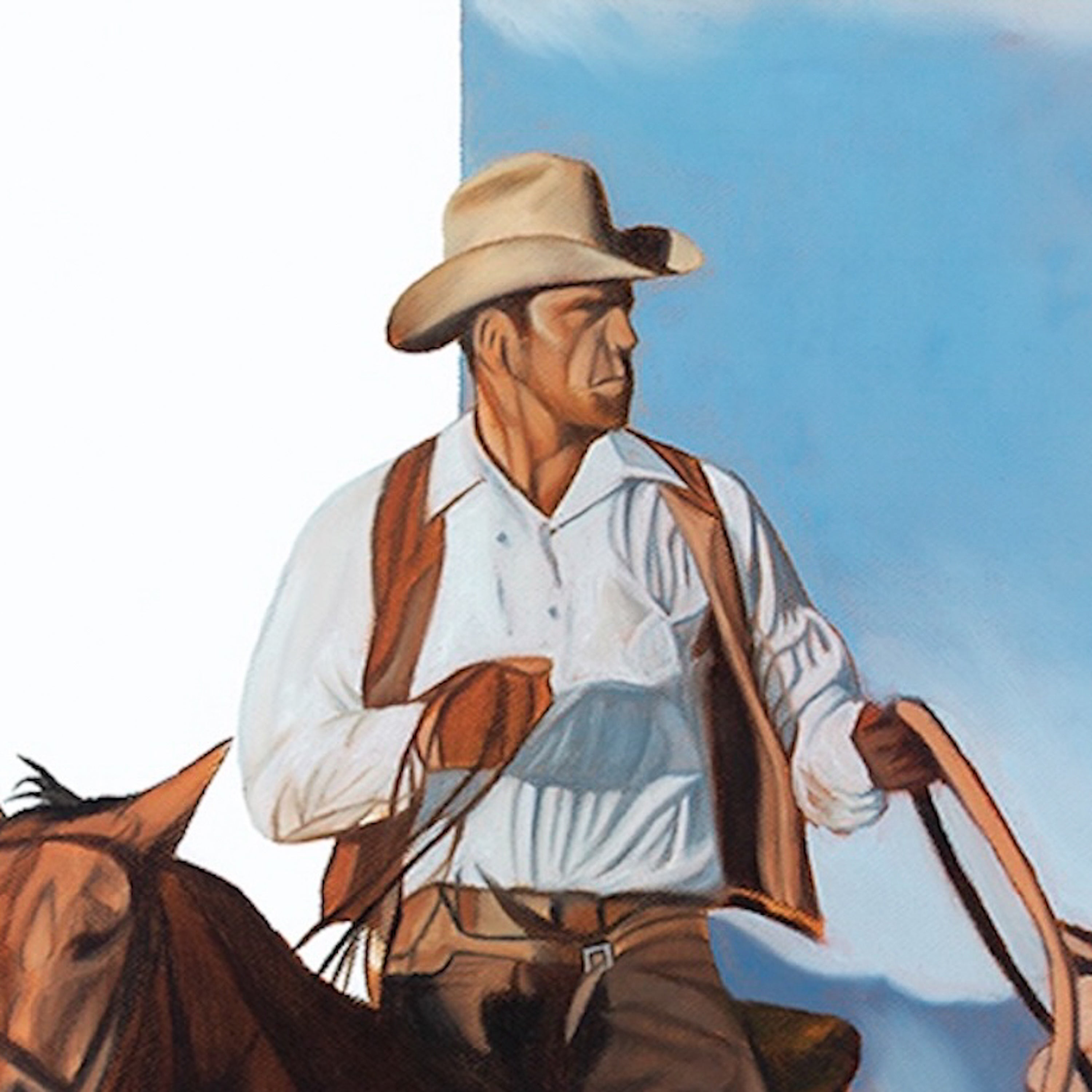 Painting of a cowboy sitting on a horse against a blue sky.