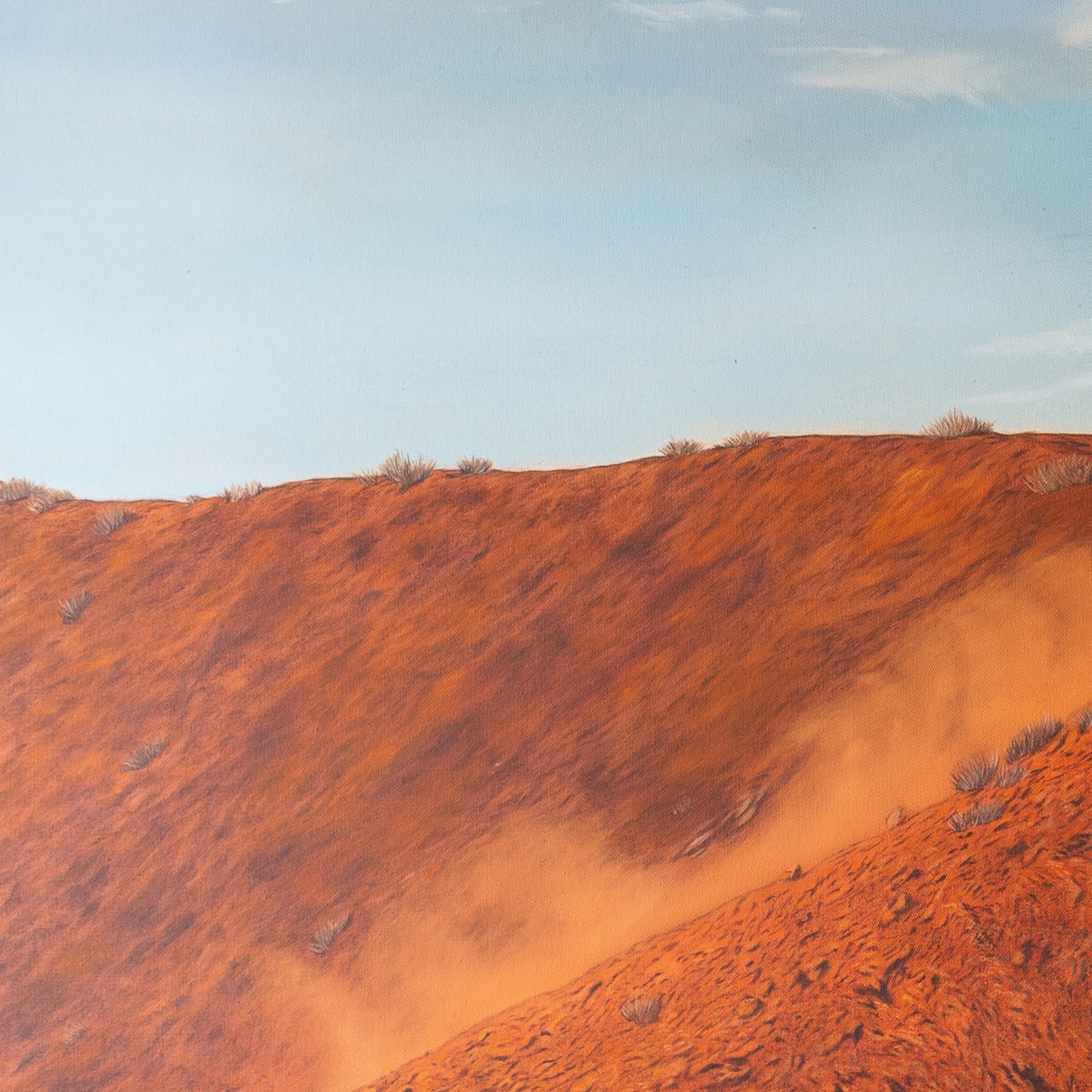 Reddish-brown desert landscape with sparse vegetation under a clear blue sky.