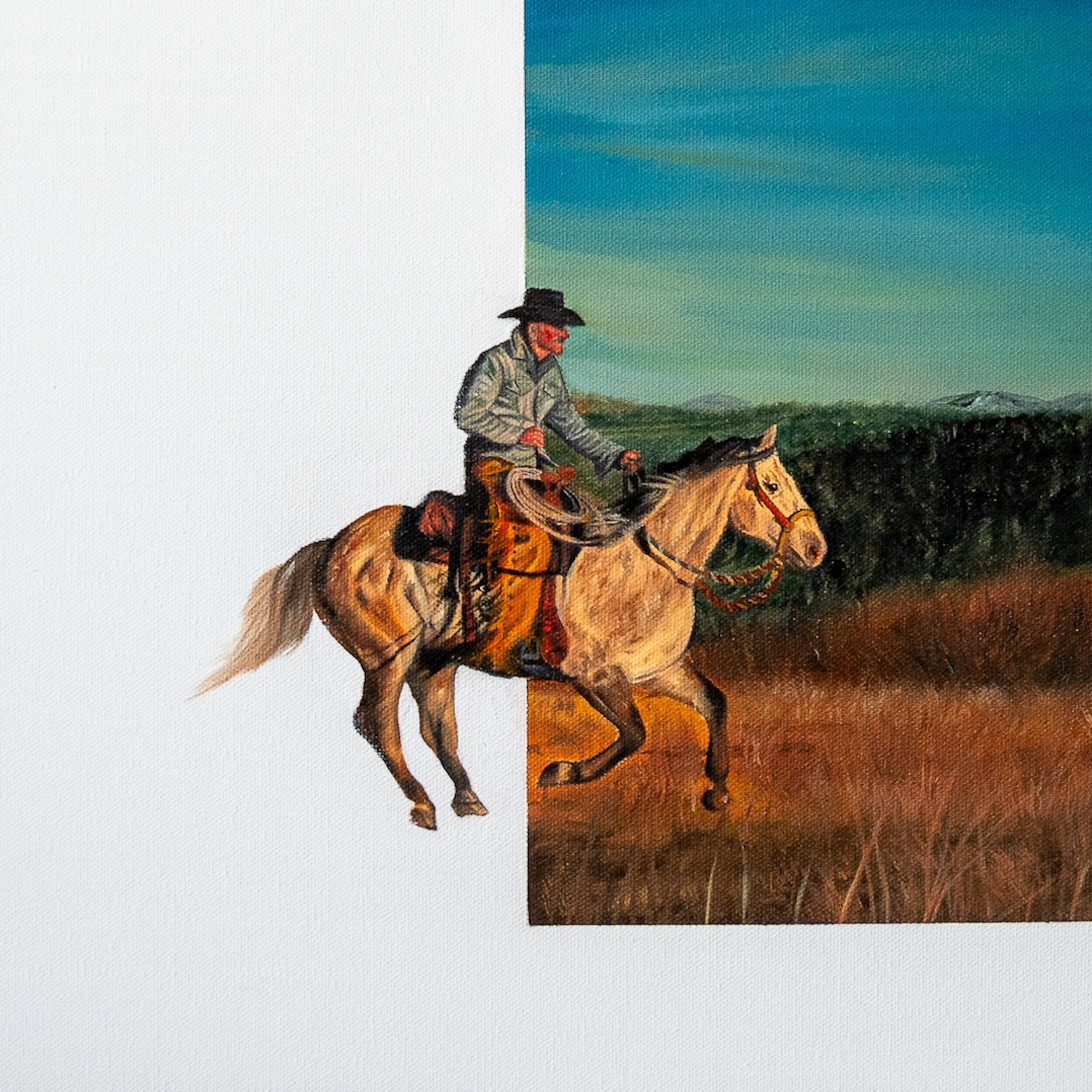 Painting of a cowboy riding a horse in a field with a blue sky.