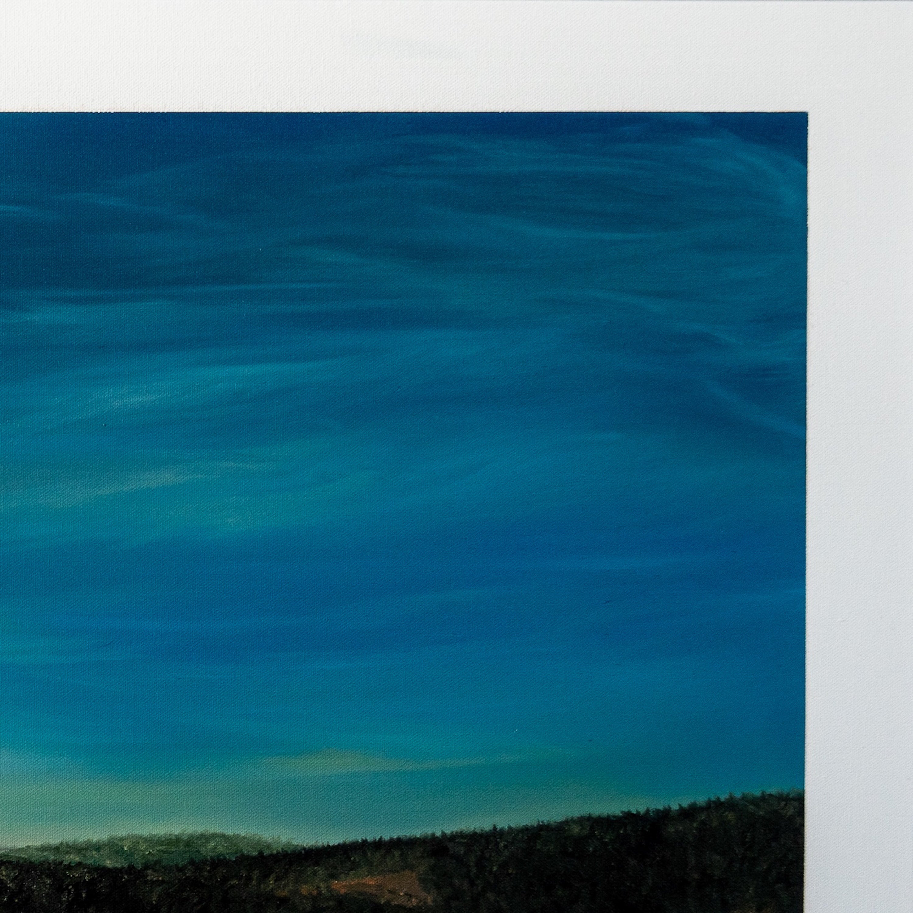 Artistic depiction of a blue sky with wavy patterns above a forest line.