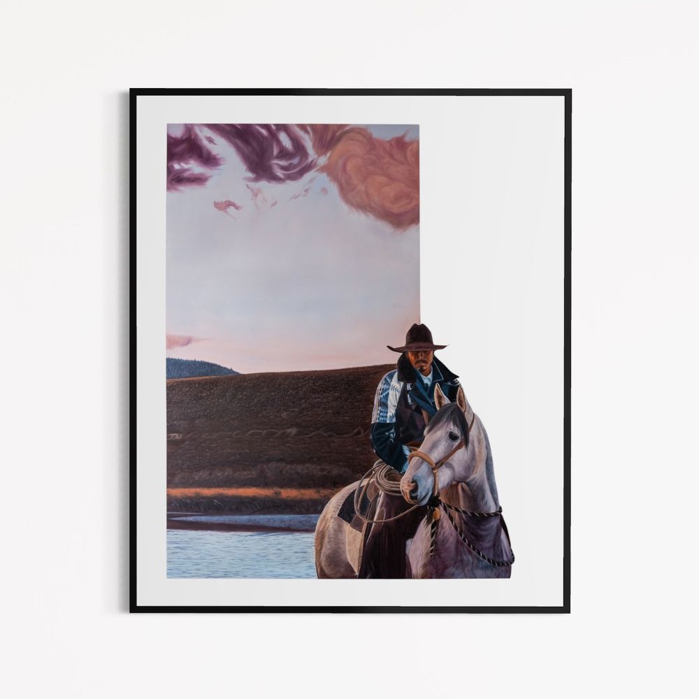 Framed artwork of a person on horseback with a scenic background