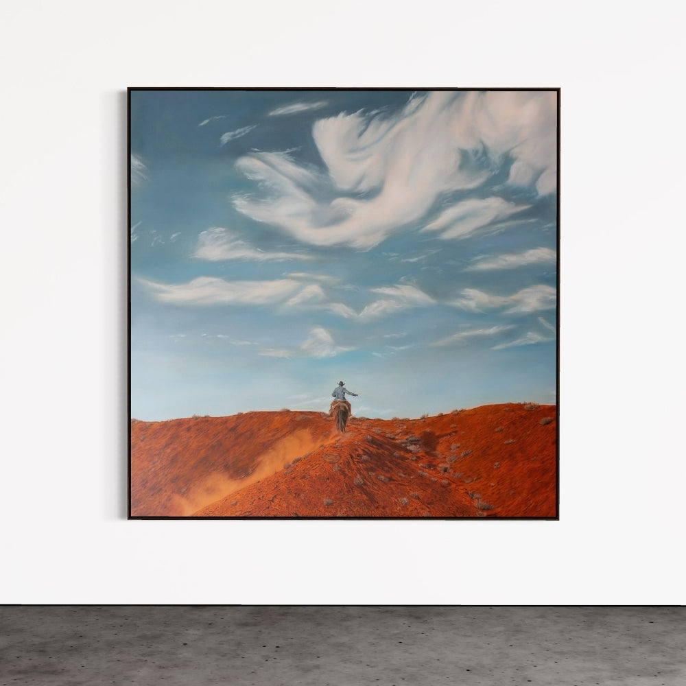 Painting of a person riding a horse on a red landscape with a blue sky.