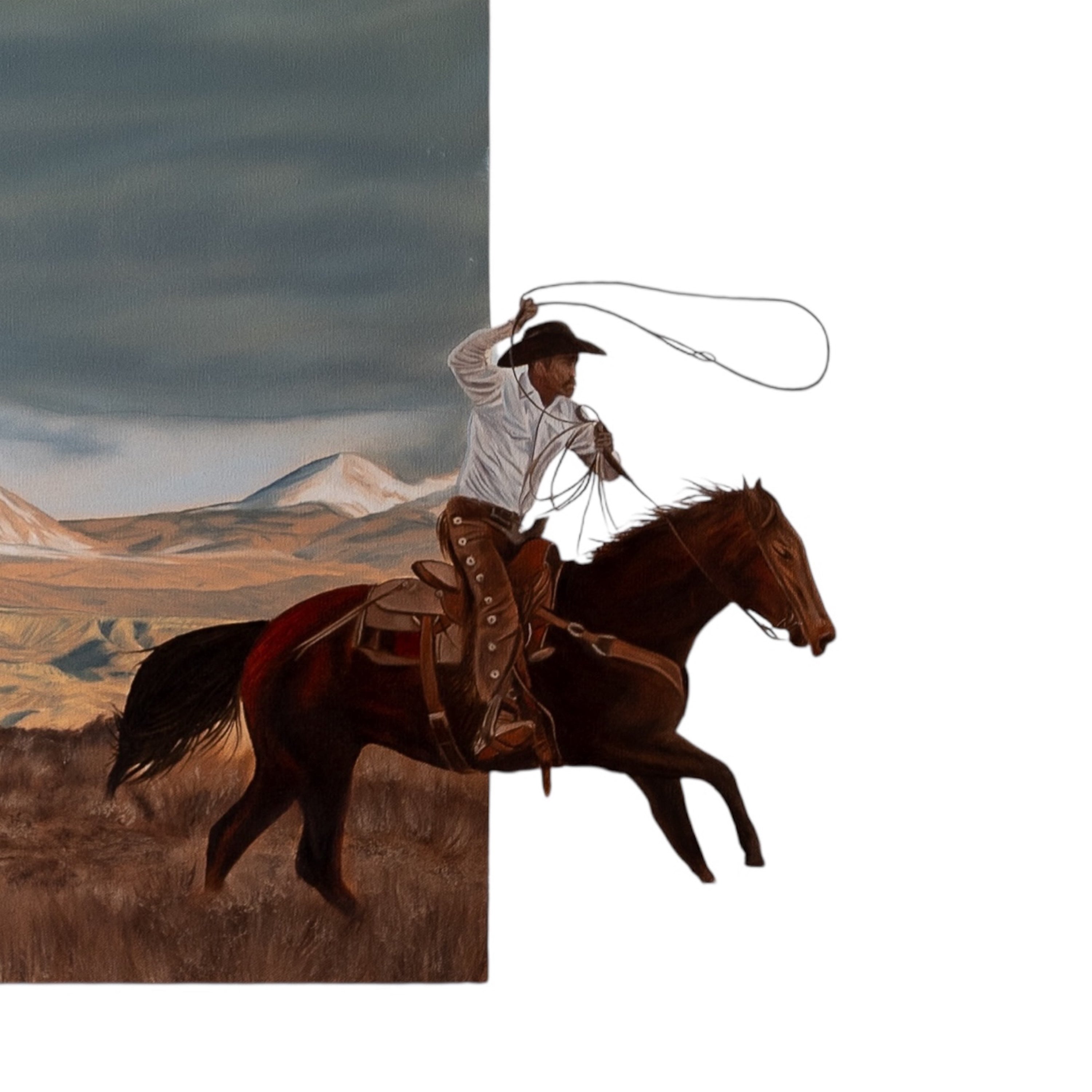 Cowboy on horseback with a lasso against a mountainous landscape