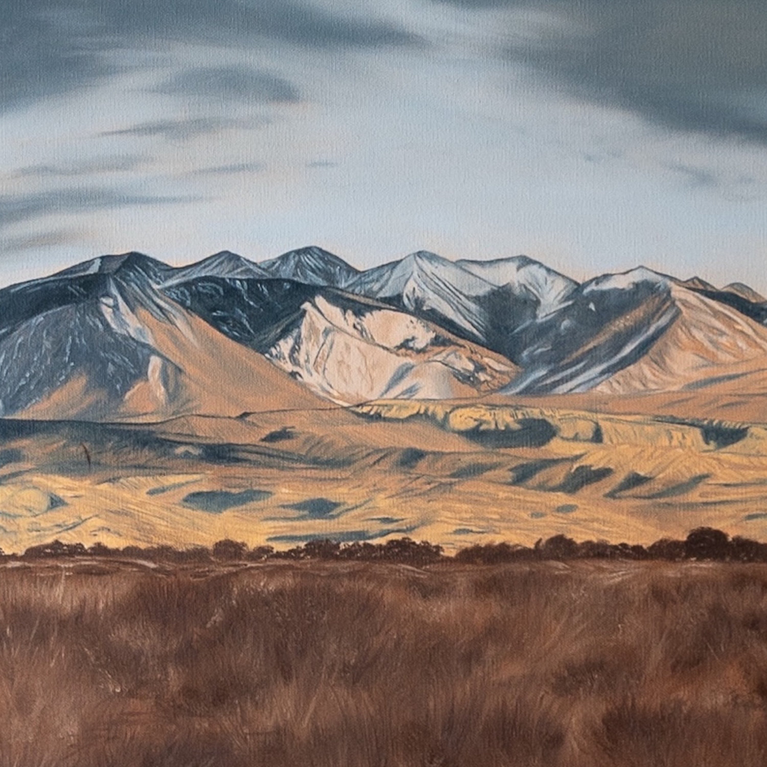 Painting of a mountain range with snow and a grassy foreground