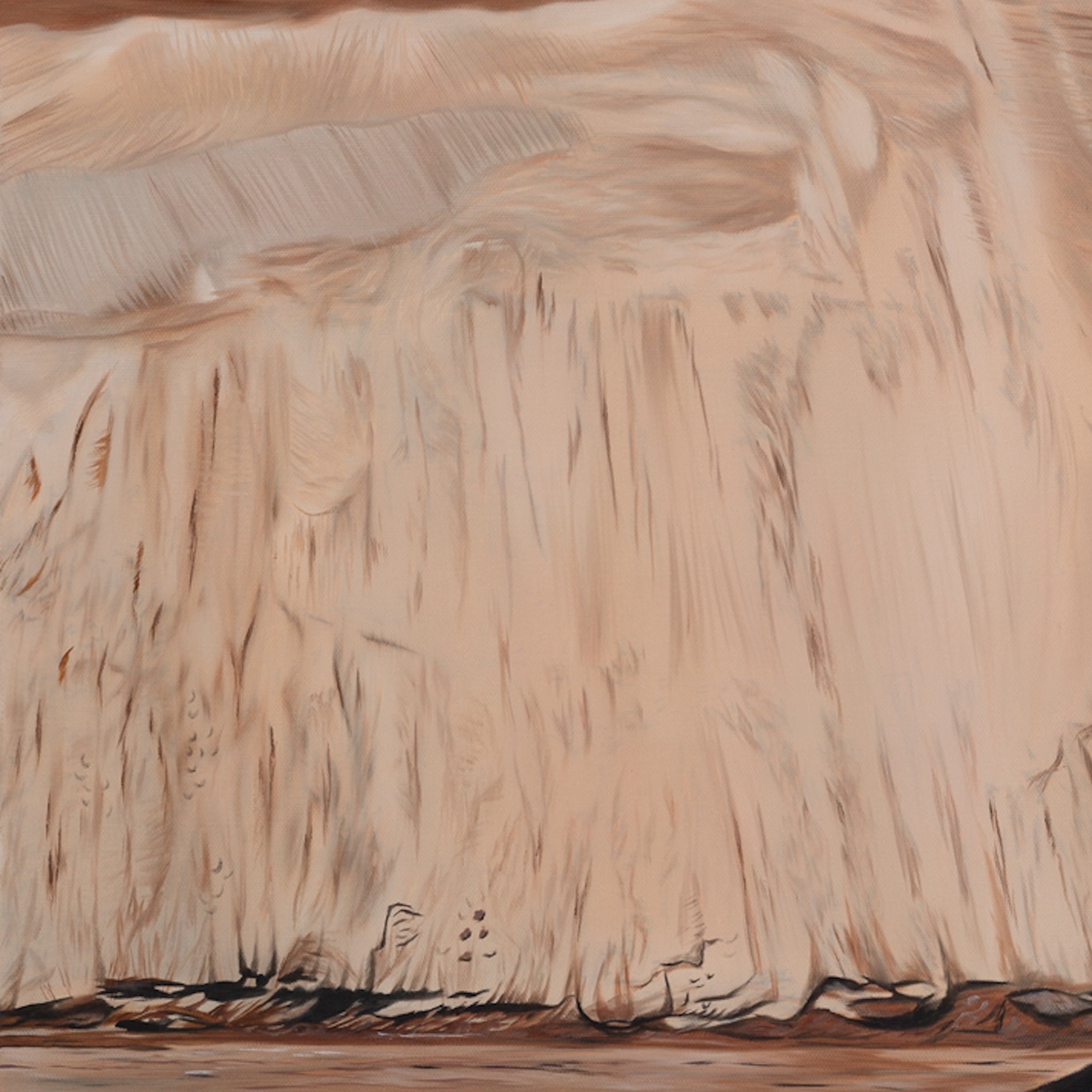 Artistic depiction of a landscape with a large field and mountains in the background.