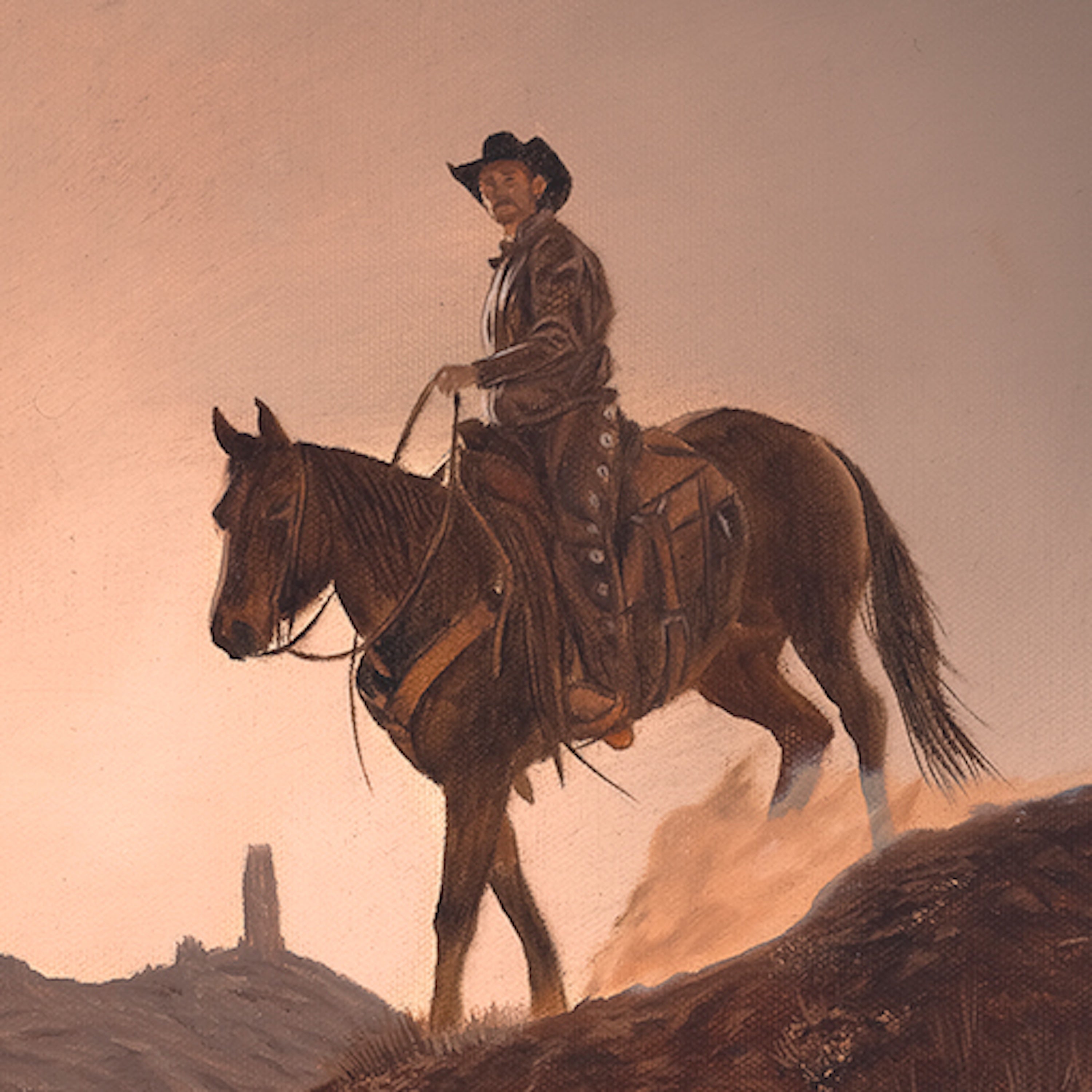 Cowboy on horseback in a desert landscape with a warm color palette