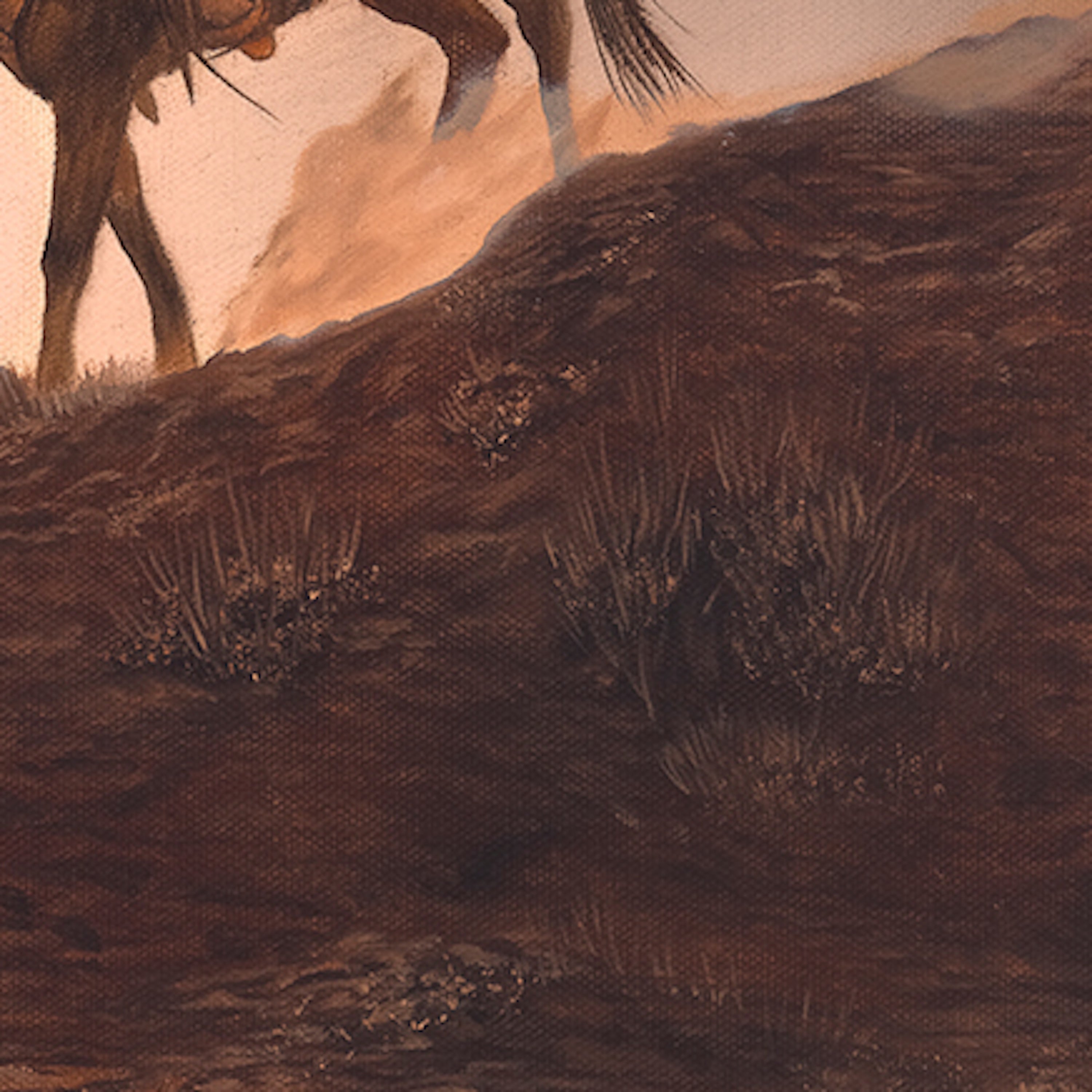Artistic depiction of a lioness hunting in a savannah setting with a large animal in the background.