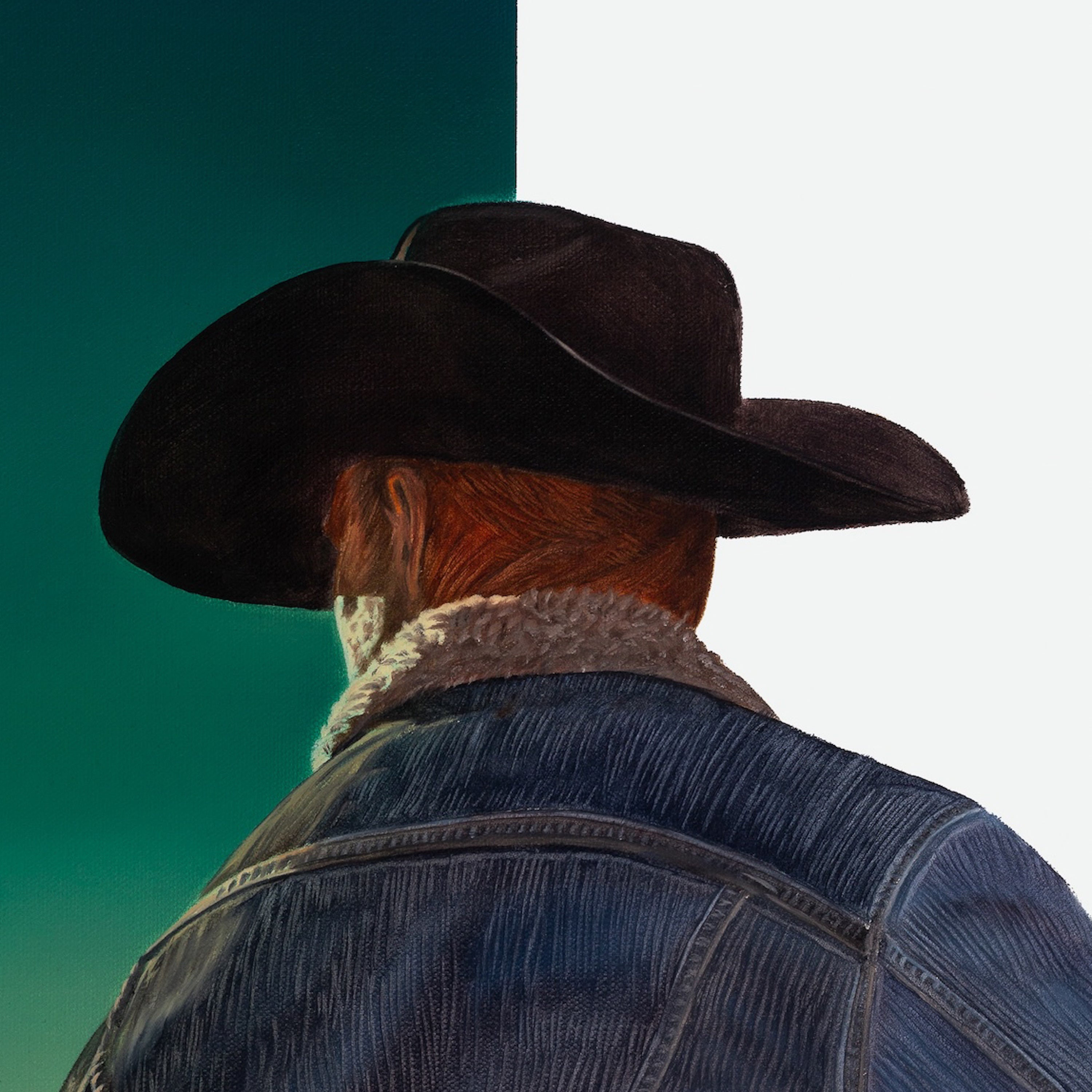 Person wearing a cowboy hat and denim jacket with a gradient background