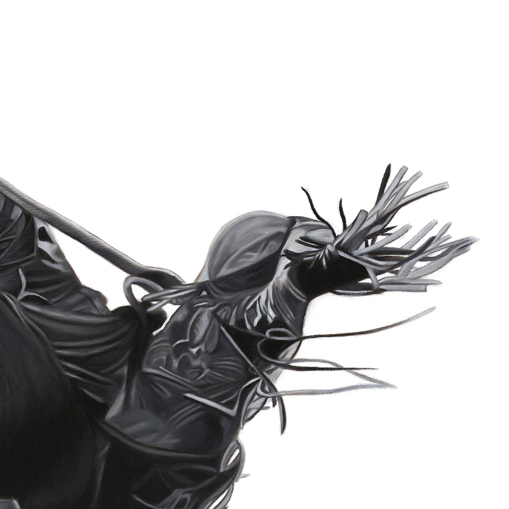 Black and white illustration of a winged creature with leaves on a white background