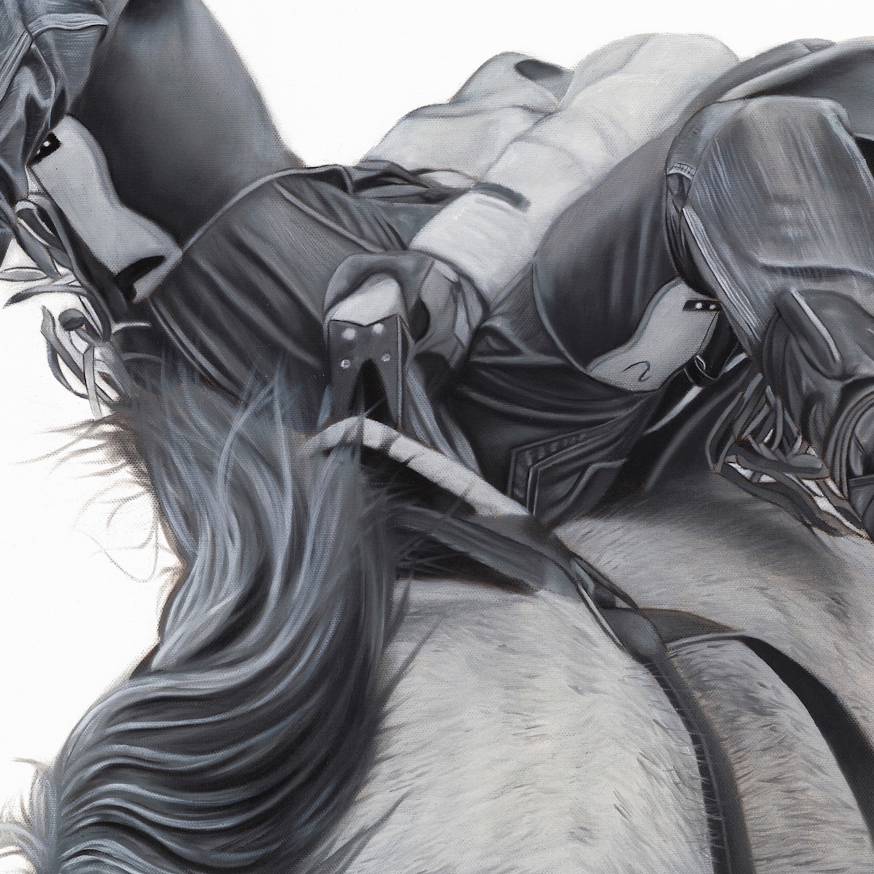 Close-up of a horse with a rider wearing a helmet and protective gear on a white background