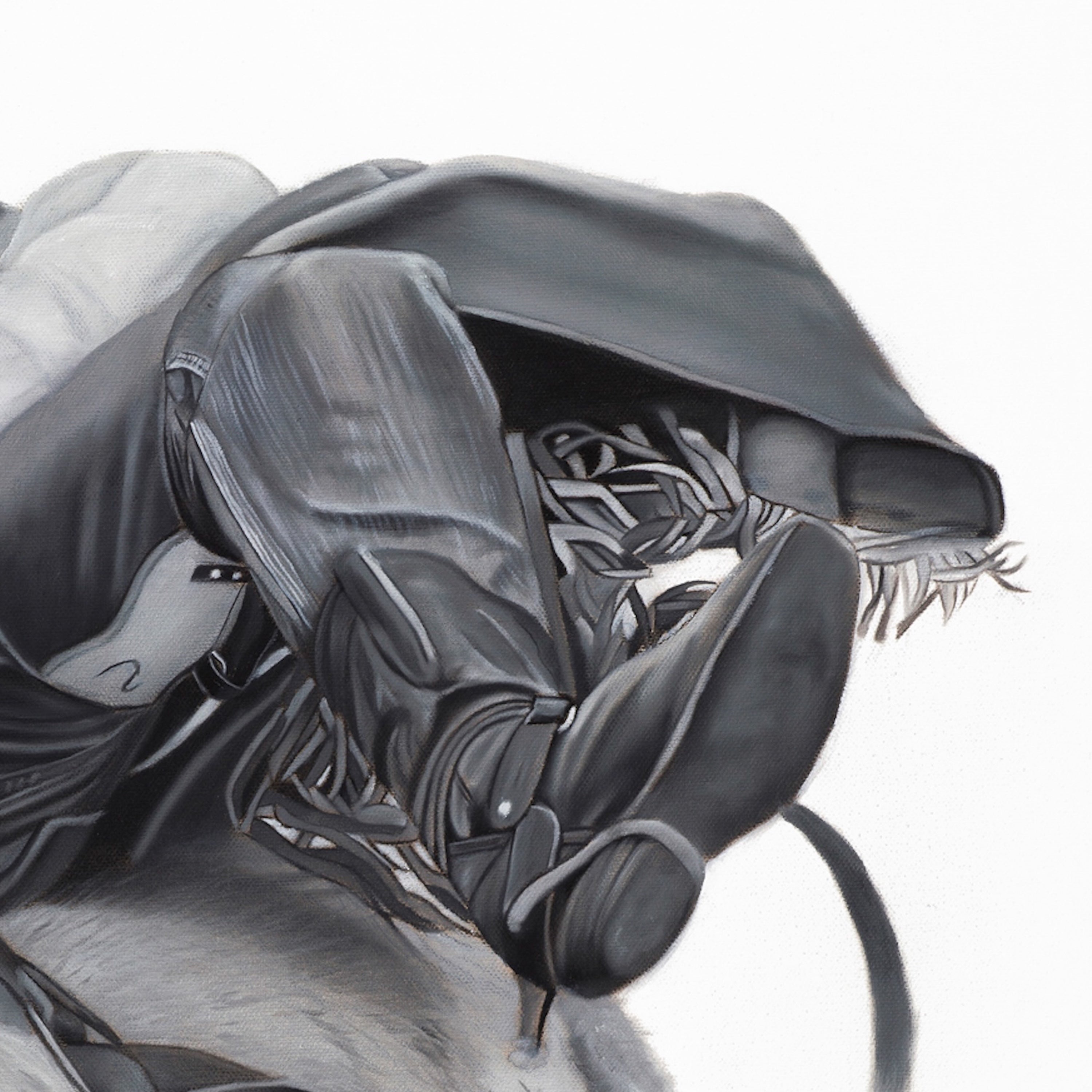 Black and white illustration of a hooded figure with a tattoo on the arm, sitting on a bench.