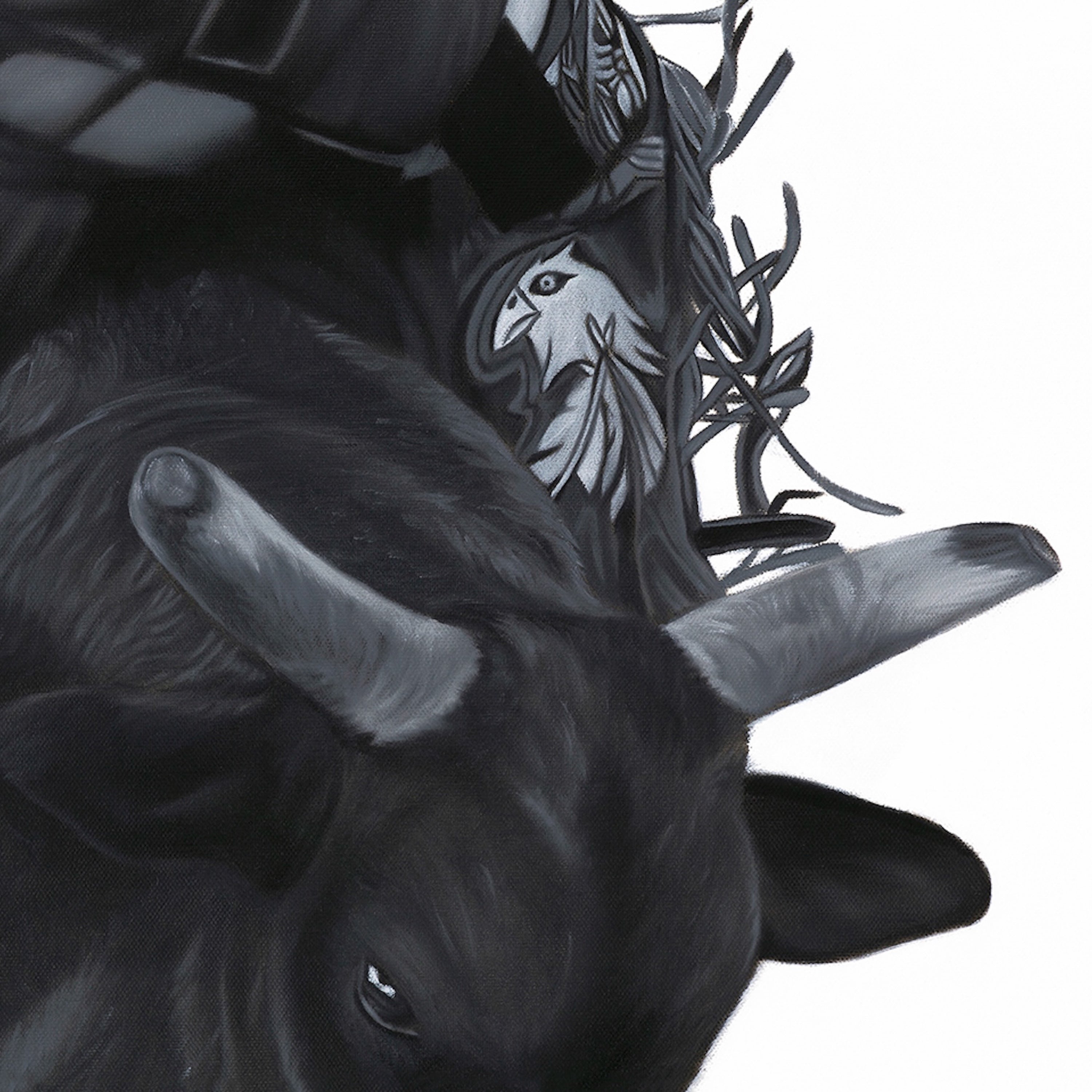 Black and white illustration of a bull with a helmet and laurel wreath on a white background