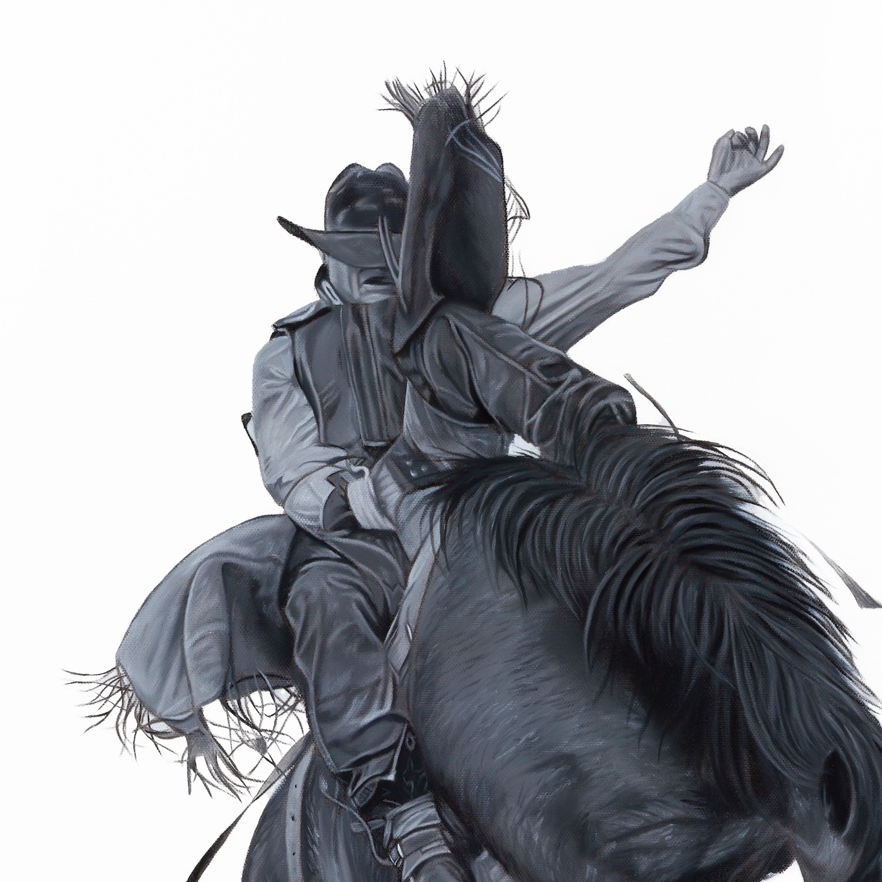 Black and white illustration of a person on horseback with a white background