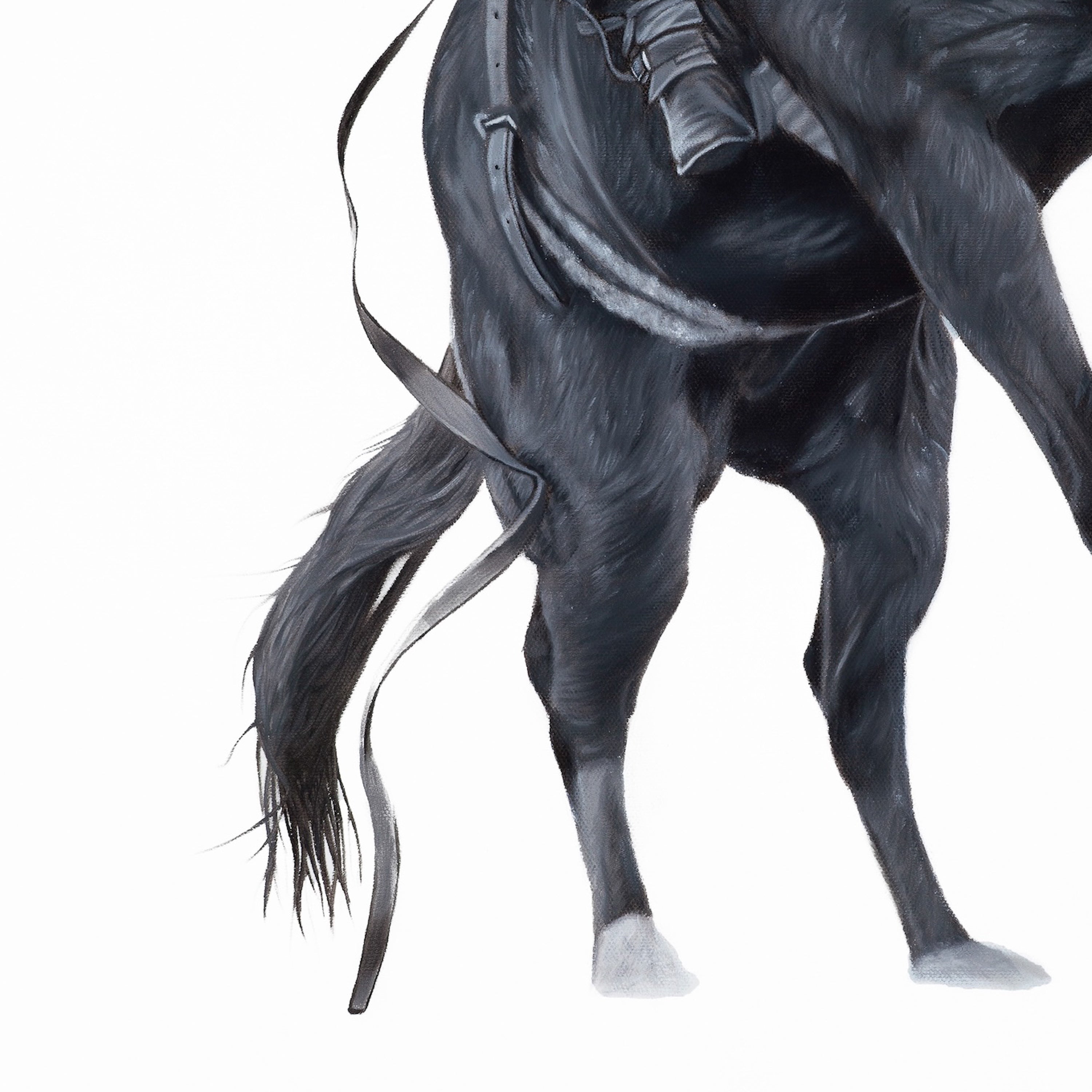Artistic depiction of a horse with a rider on a white background