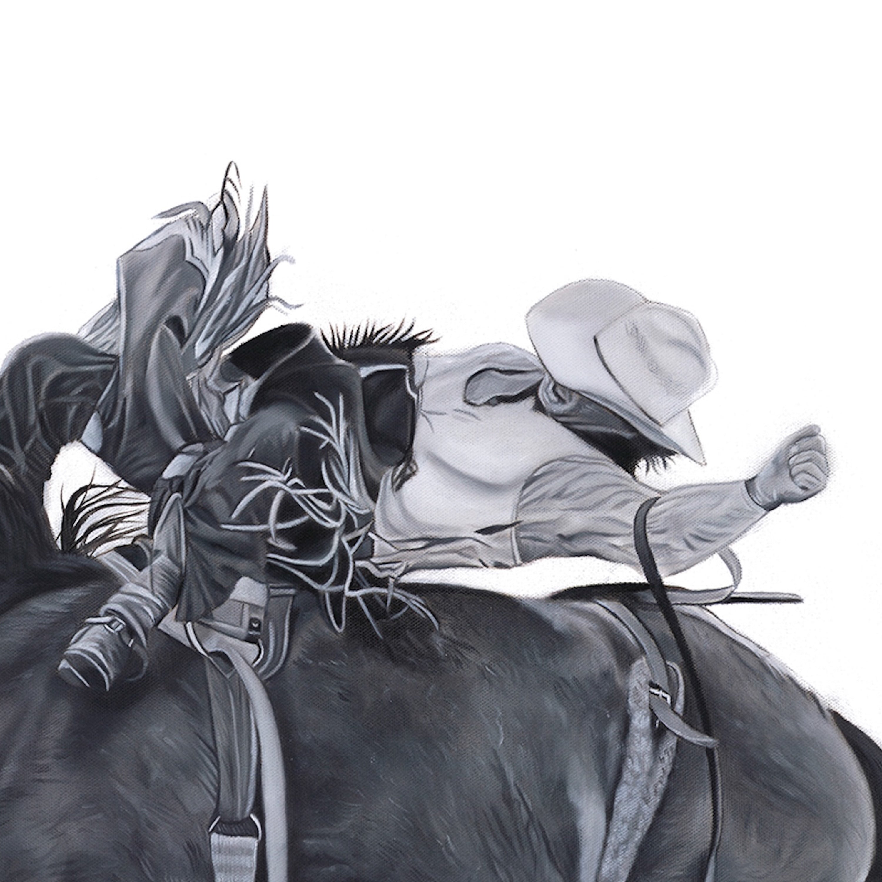 Black and white illustration of a cowboy on horseback with a lasso.