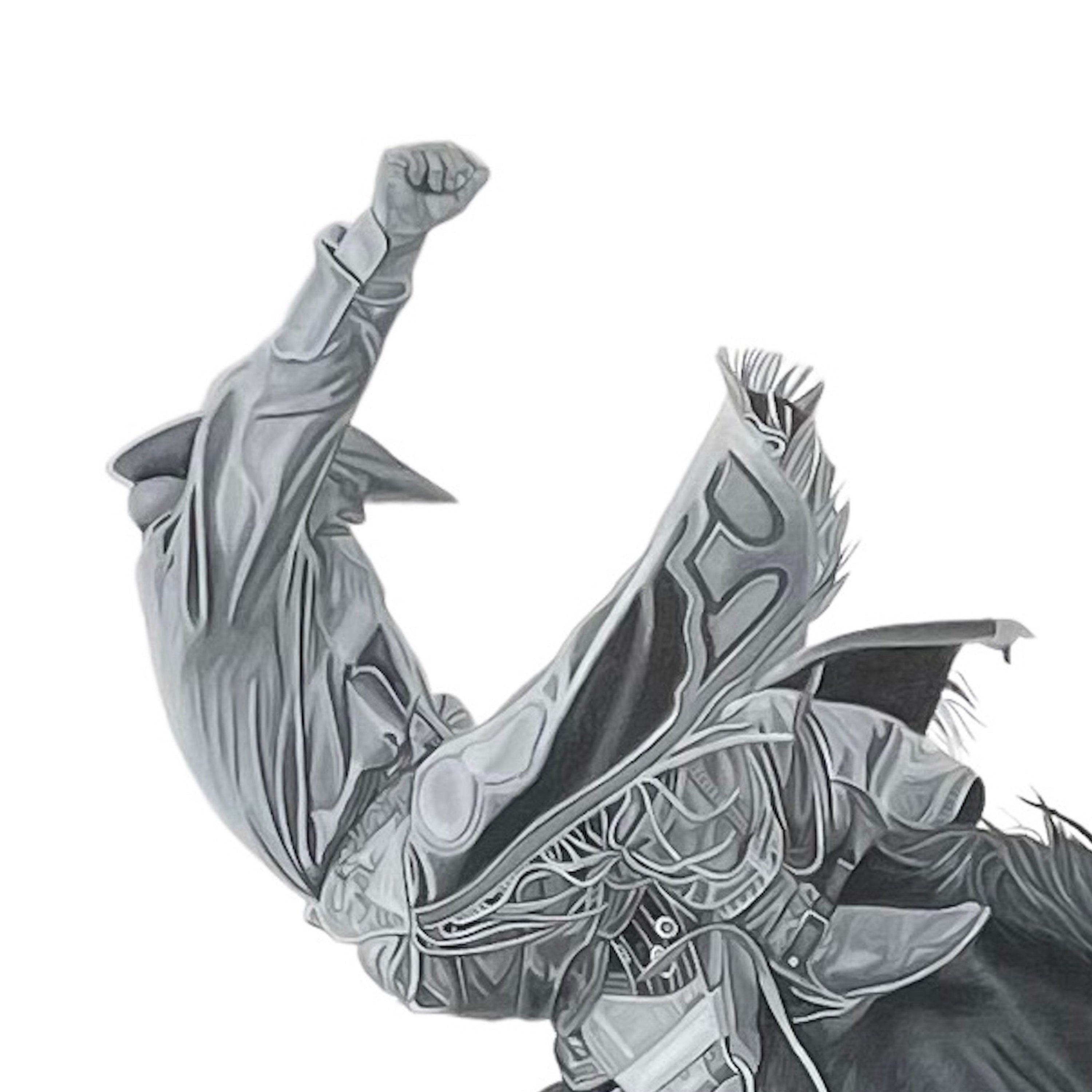 Pencil drawing of a warrior in dynamic pose with raised fist on a white background