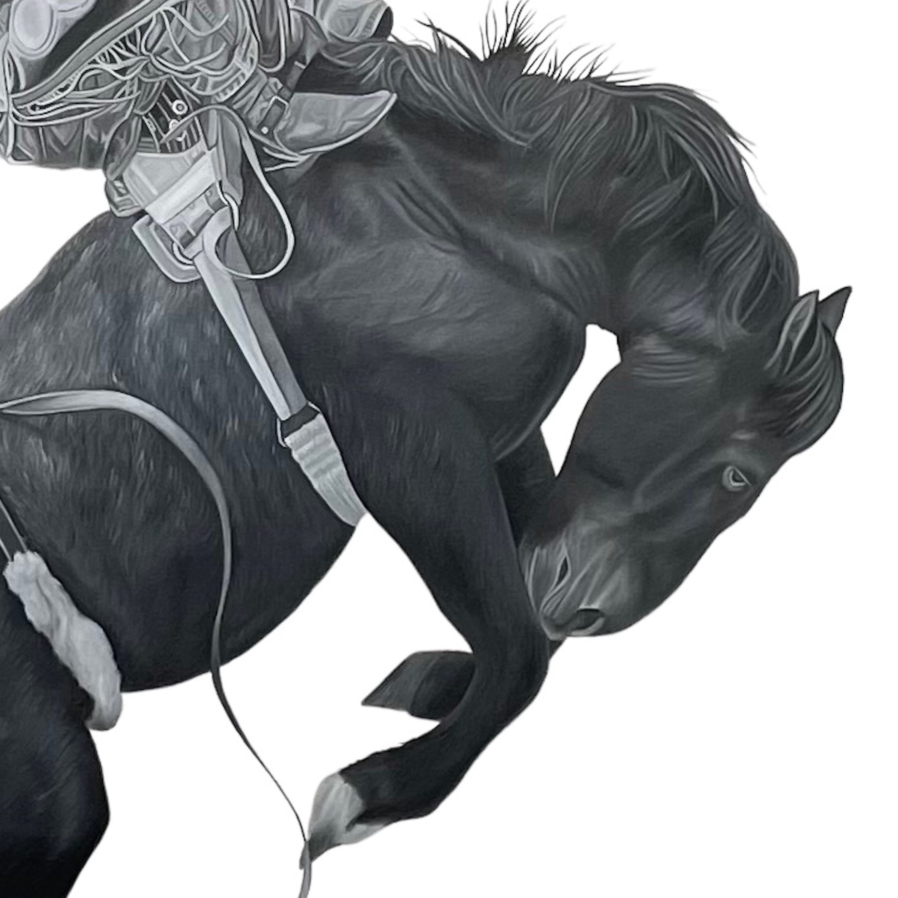 Black and white illustration of a horse rearing with a rider on a white background