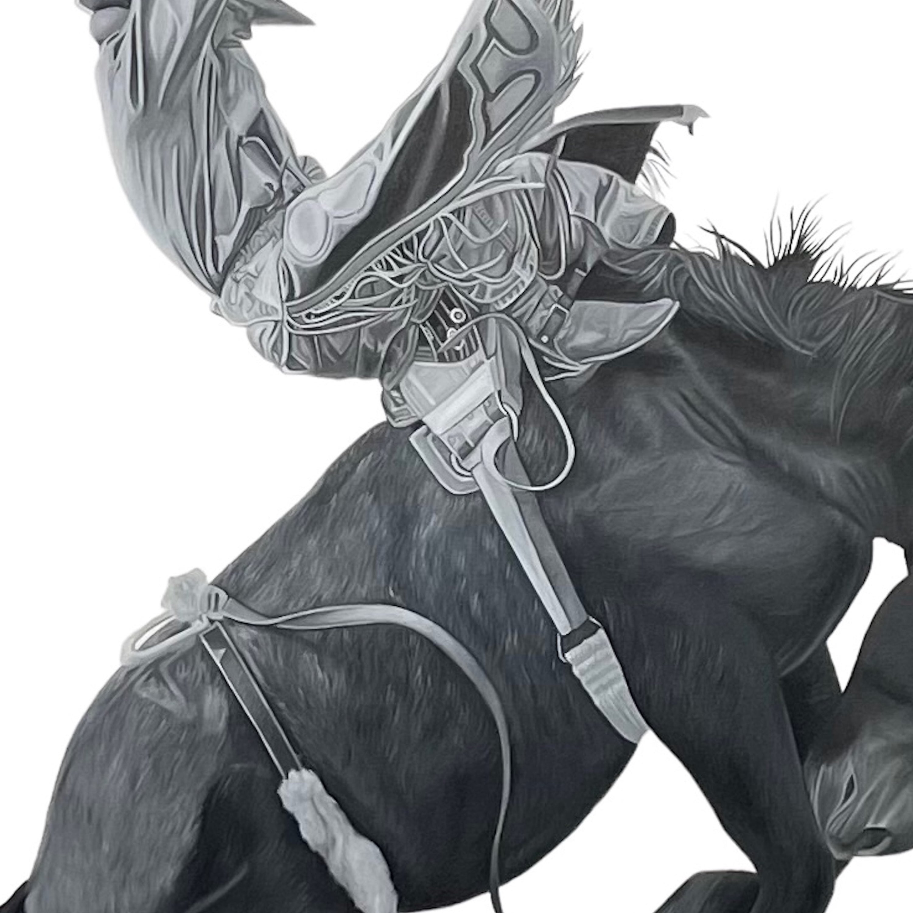 Close-up of a horse with a detailed bridle and mask on a white background