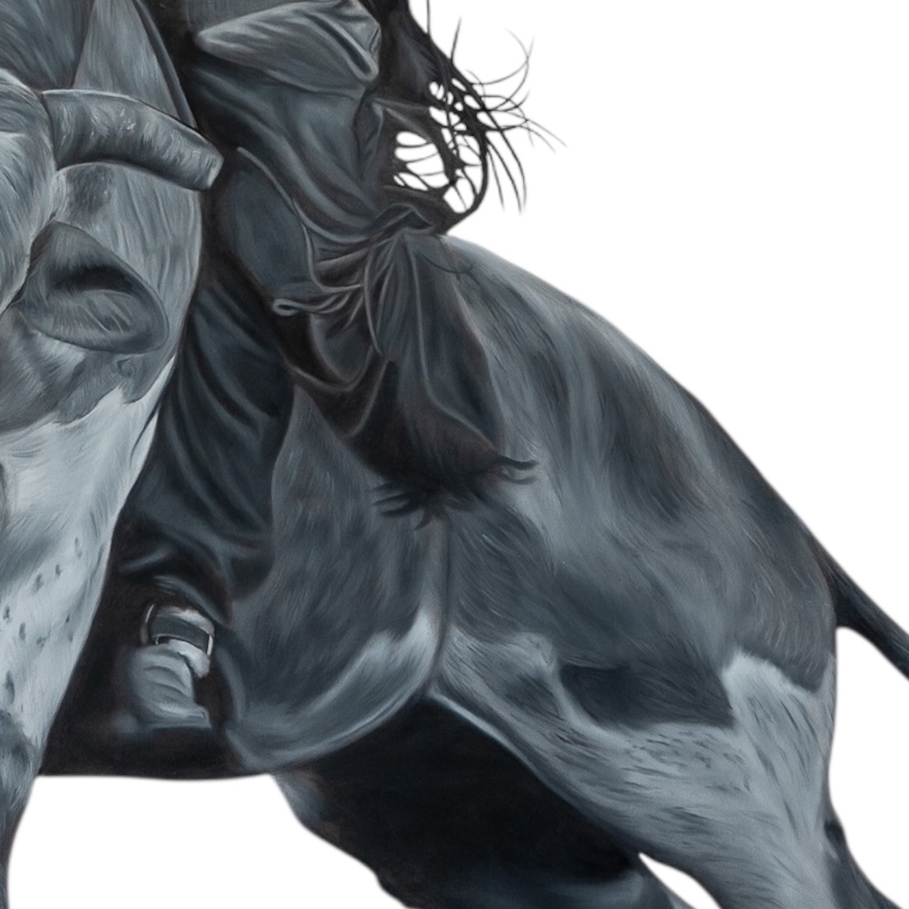 Gray and black illustration of a horse on a white background