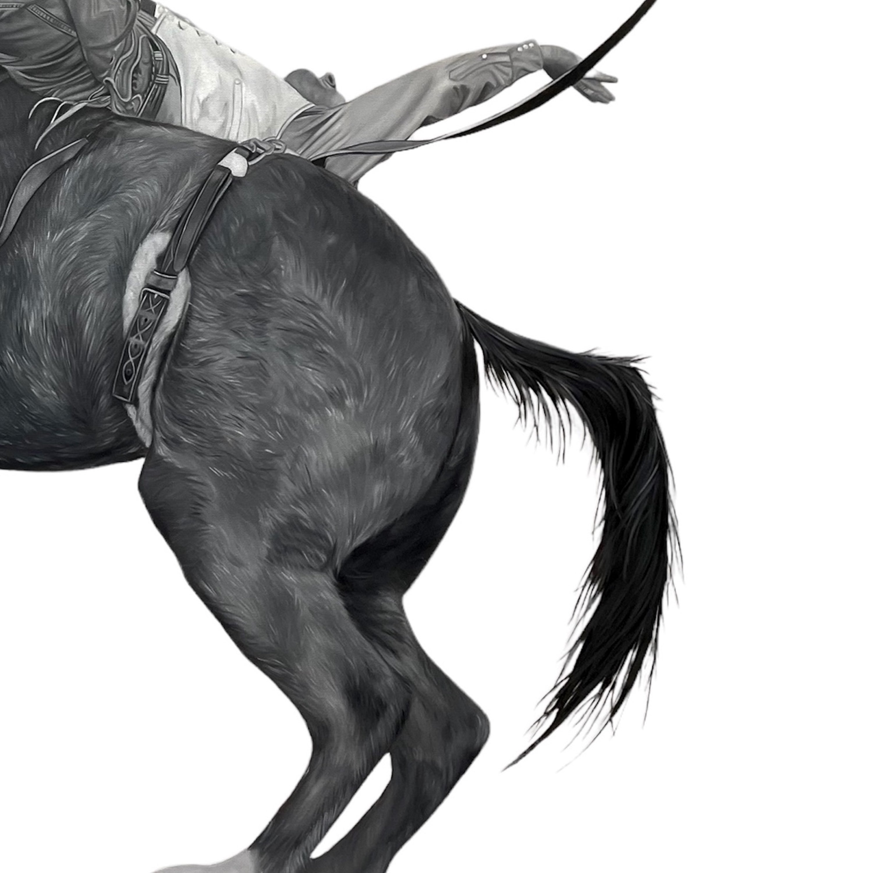 Black and white illustration of a horse rearing with a rider on a white background