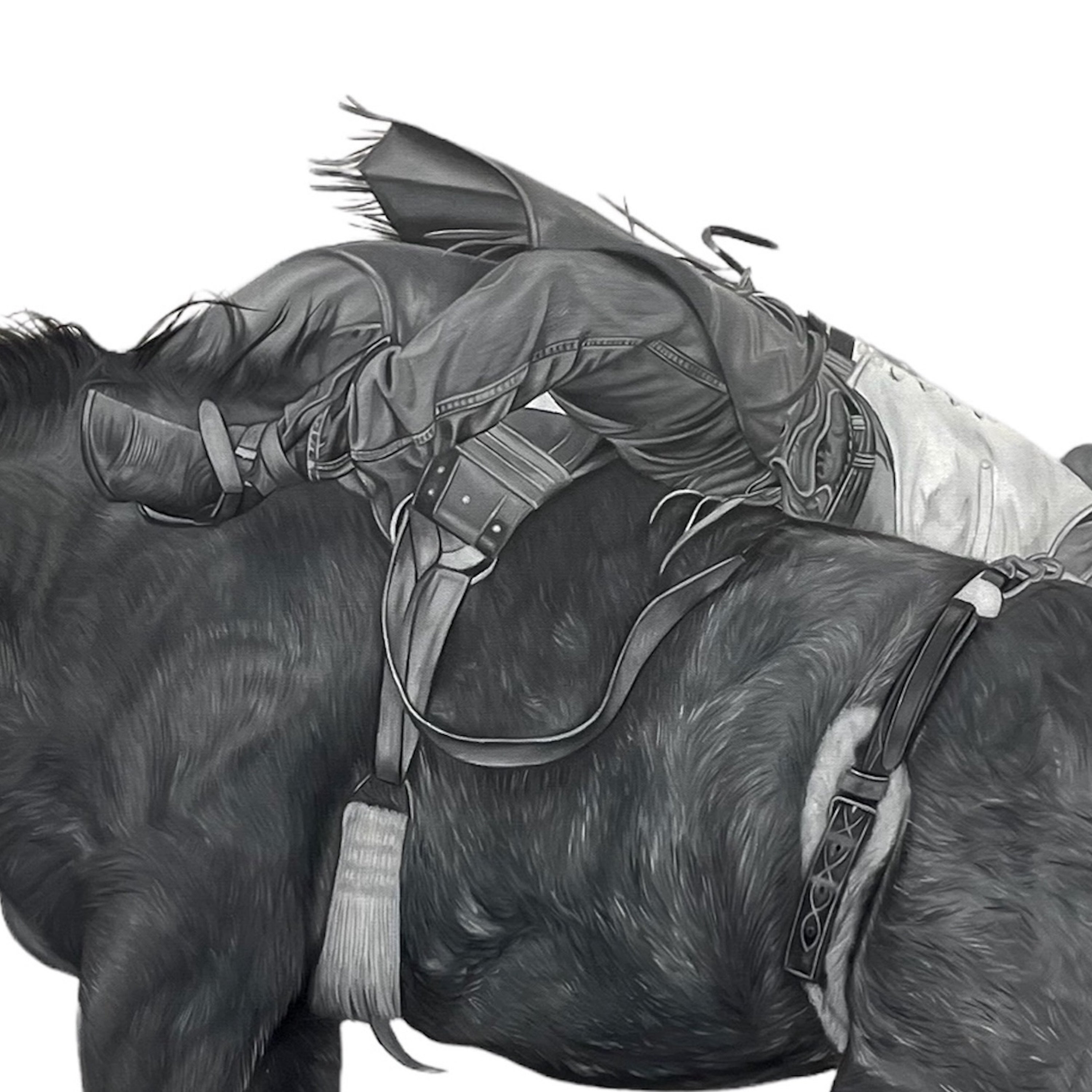 Illustration of a horse with a rider wearing a jacket and boots on a white background