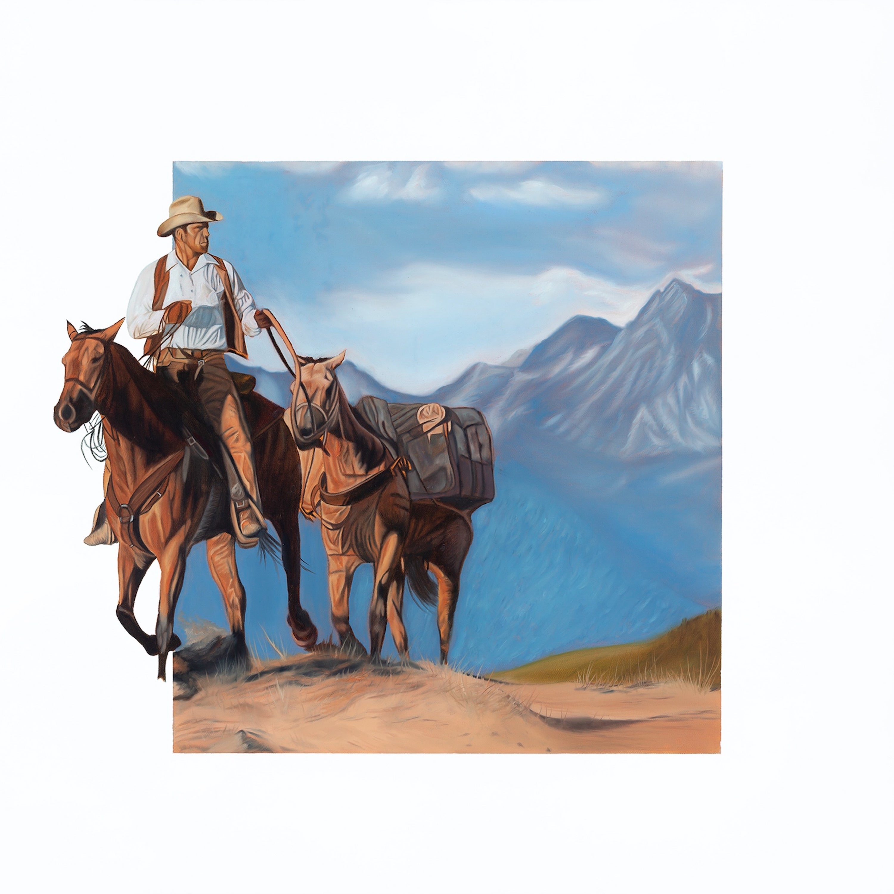 Painting of a man on horseback with a child leading another horse against a mountainous landscape.