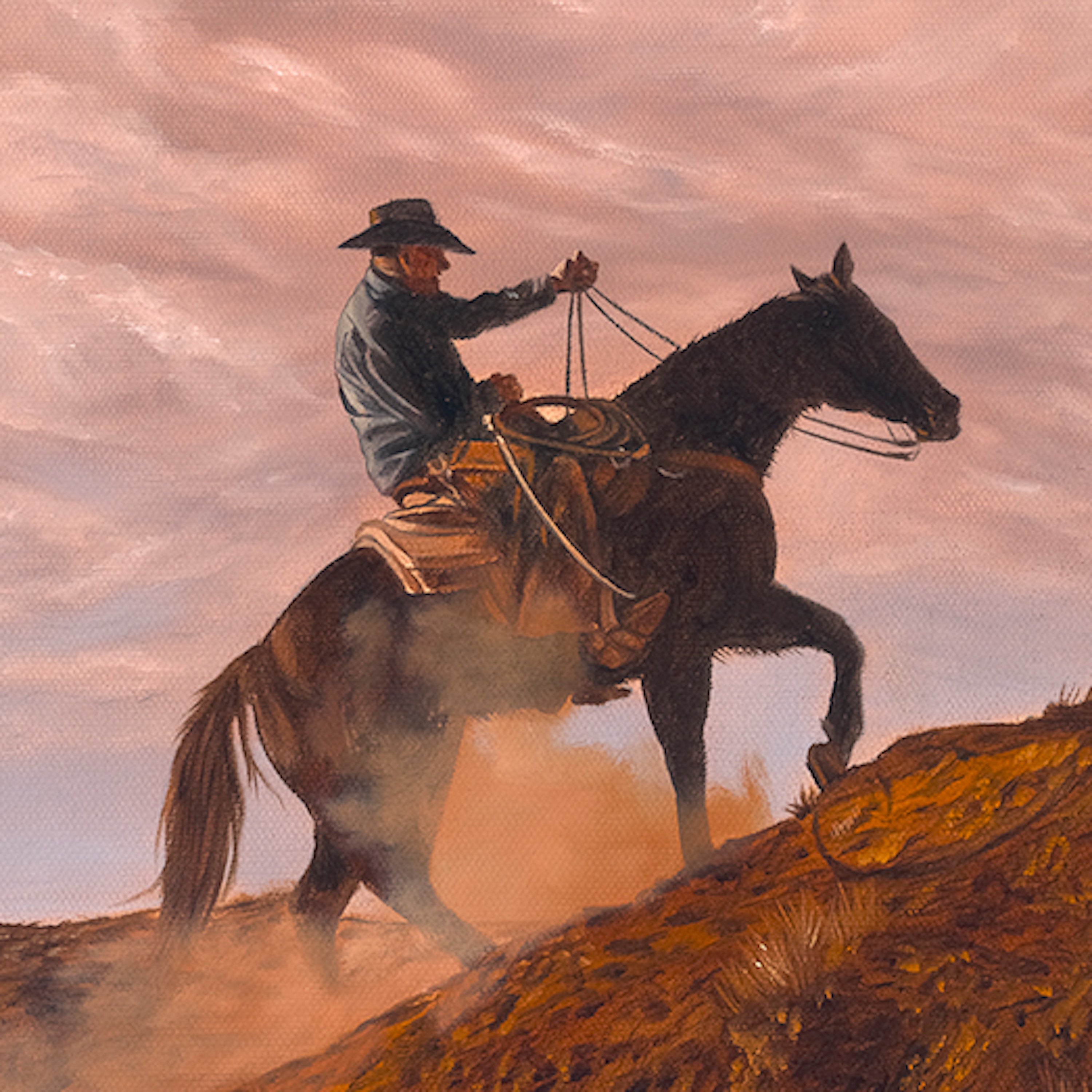 Painting of a cowboy on horseback against a sunset sky