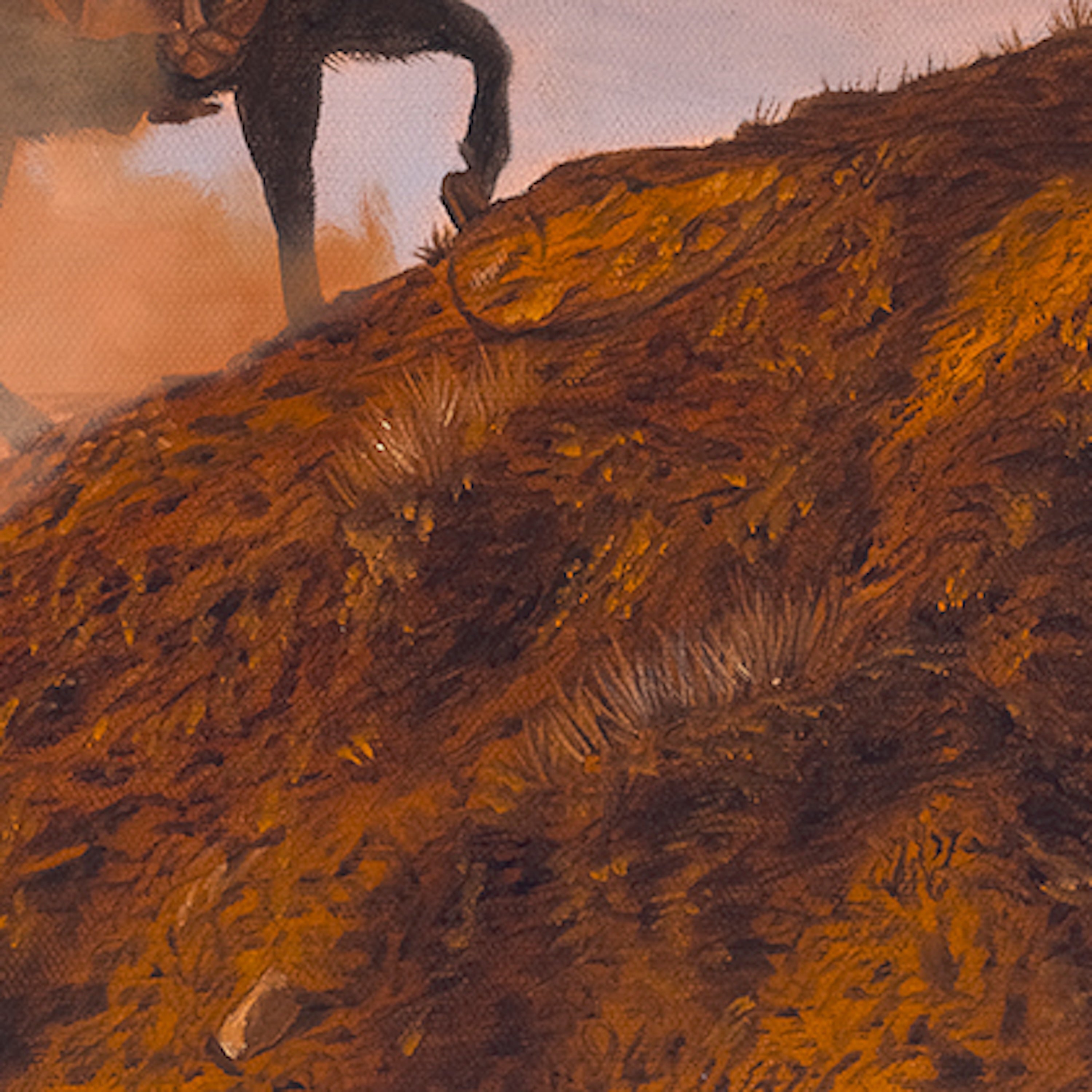 Close-up of a textured brown surface with a person walking in the background