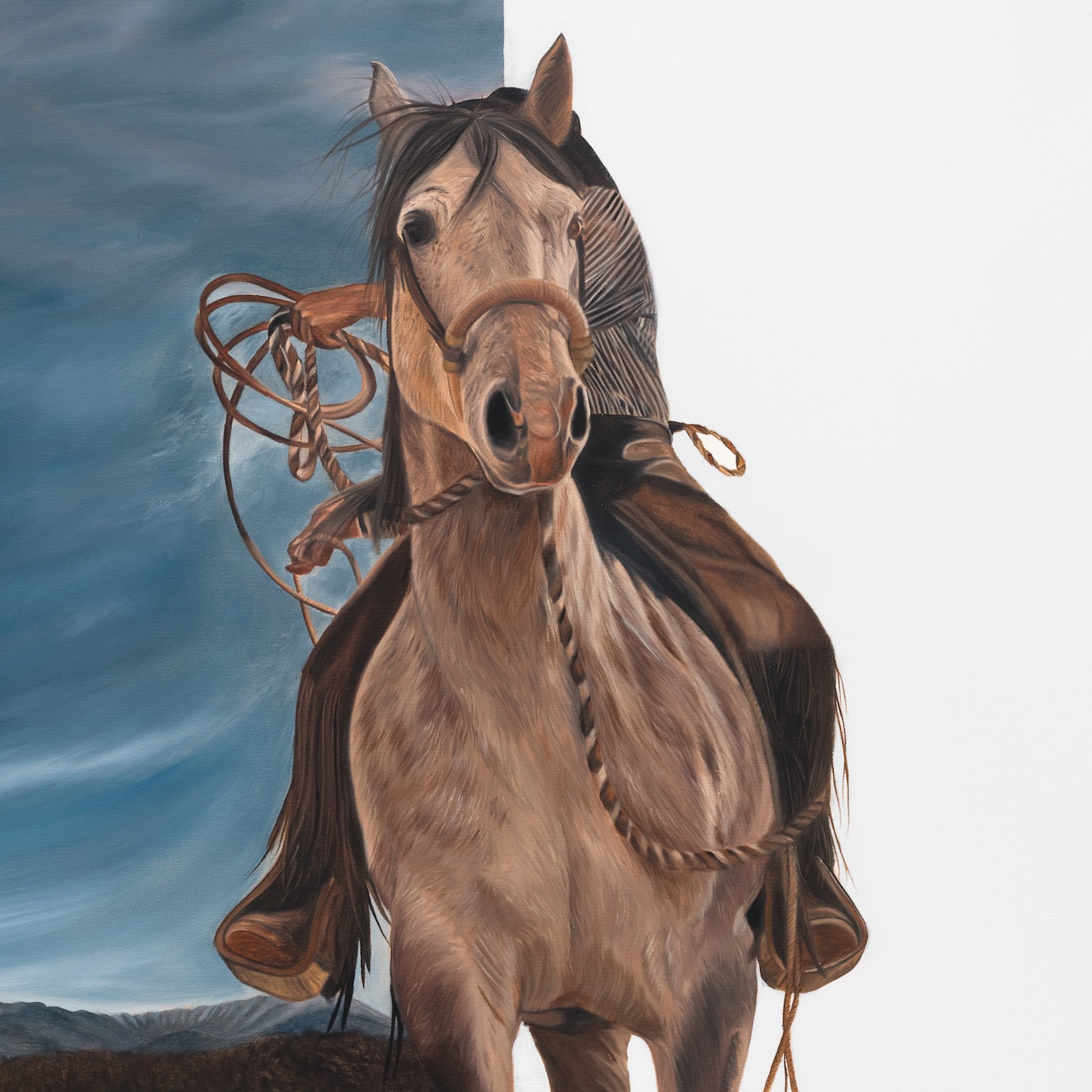 Painting of a horse with a saddle and bridle against a blue water background