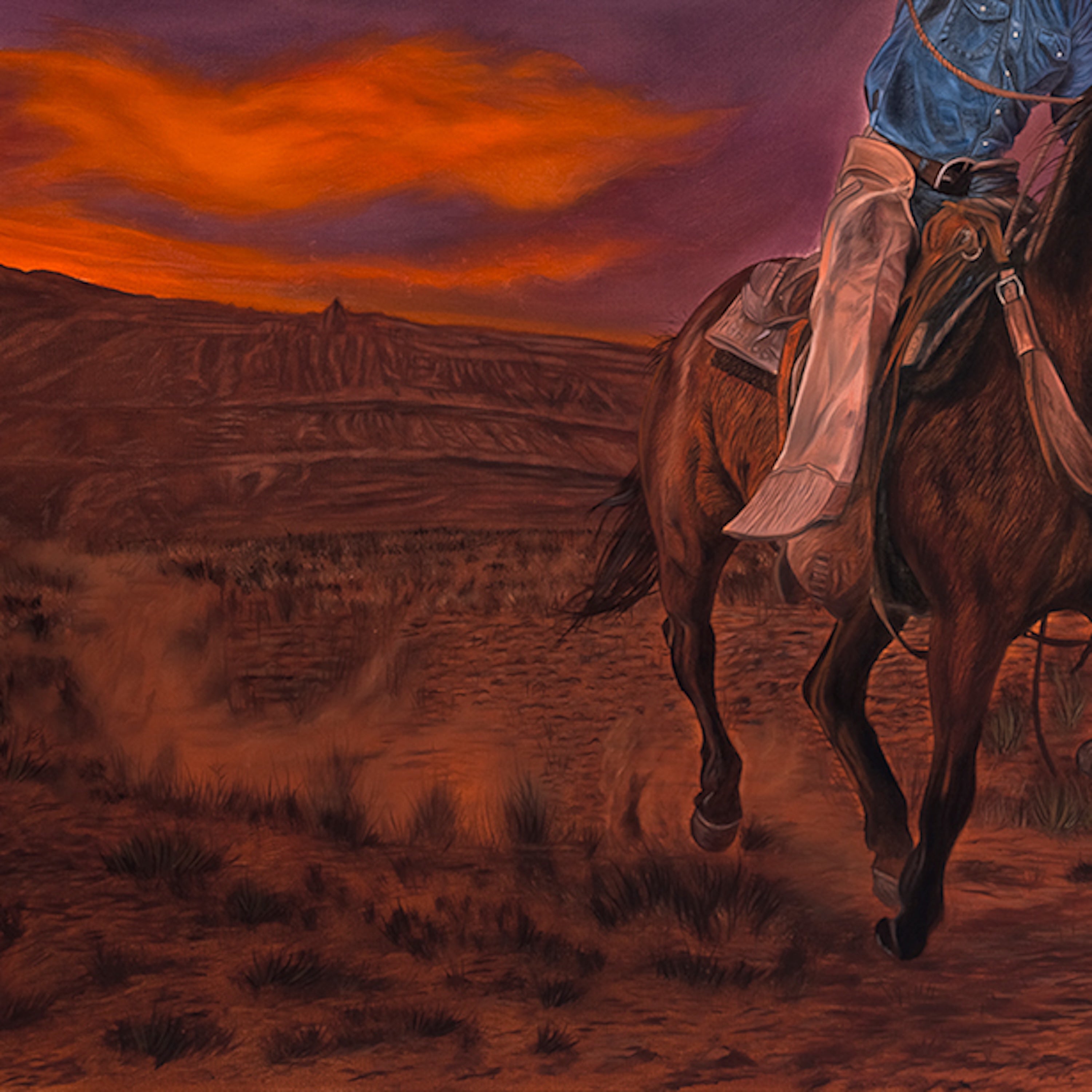 Painting of a cowboy riding a horse at sunset in a desert landscape