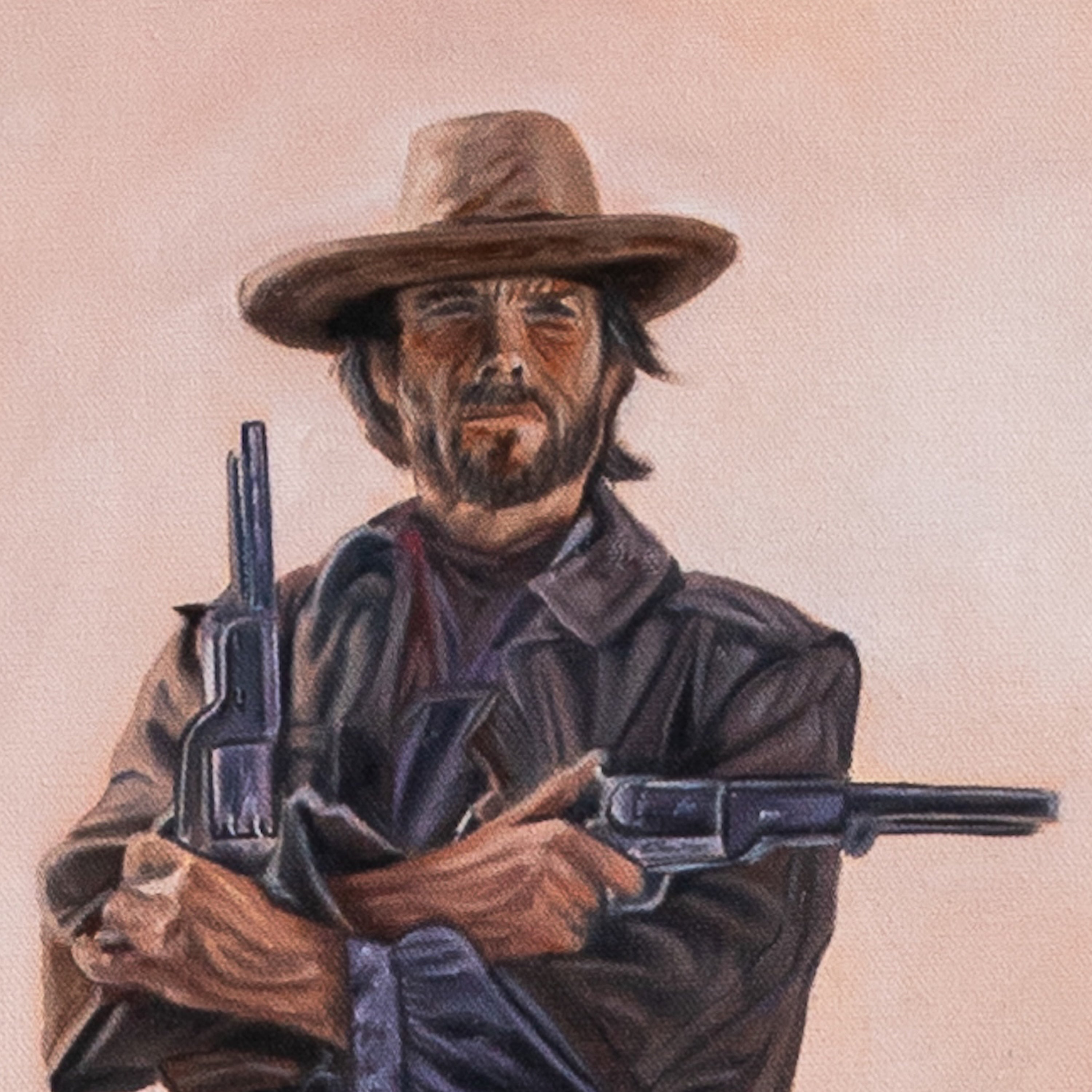 Illustration of a cowboy holding two revolvers against a beige background