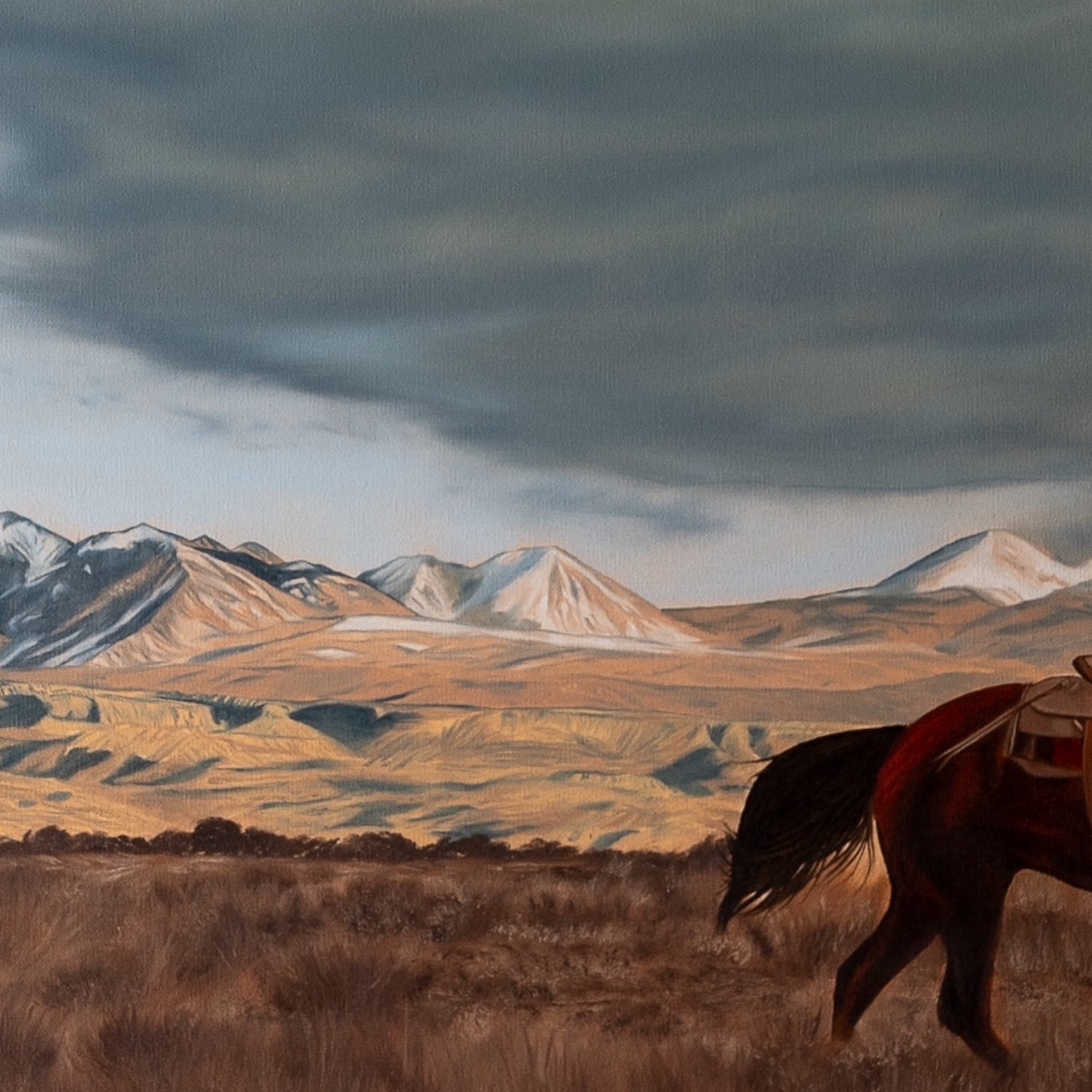 Painting of a horse in a desert landscape with mountains and dark clouds.